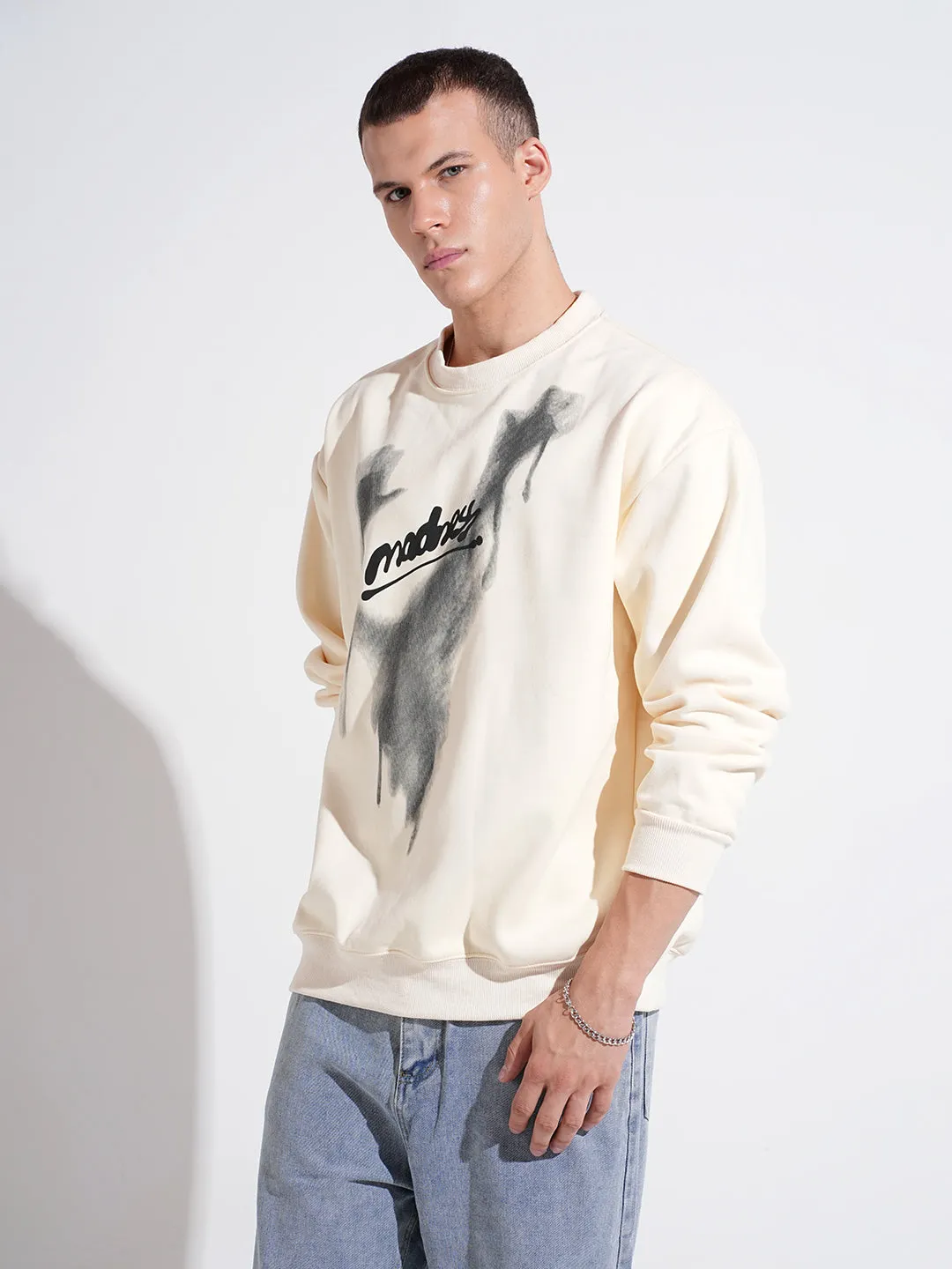 Sporty Look Men's Typography Cream Round Neck Regular Fit Sweatshirt