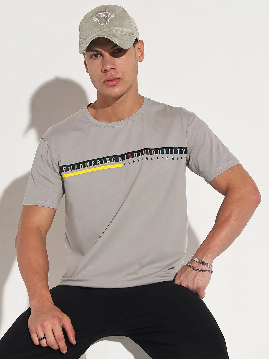 Men's Typography Grey Round Neck Regular Fit T-Shirt Flexible Waistband Pure Core