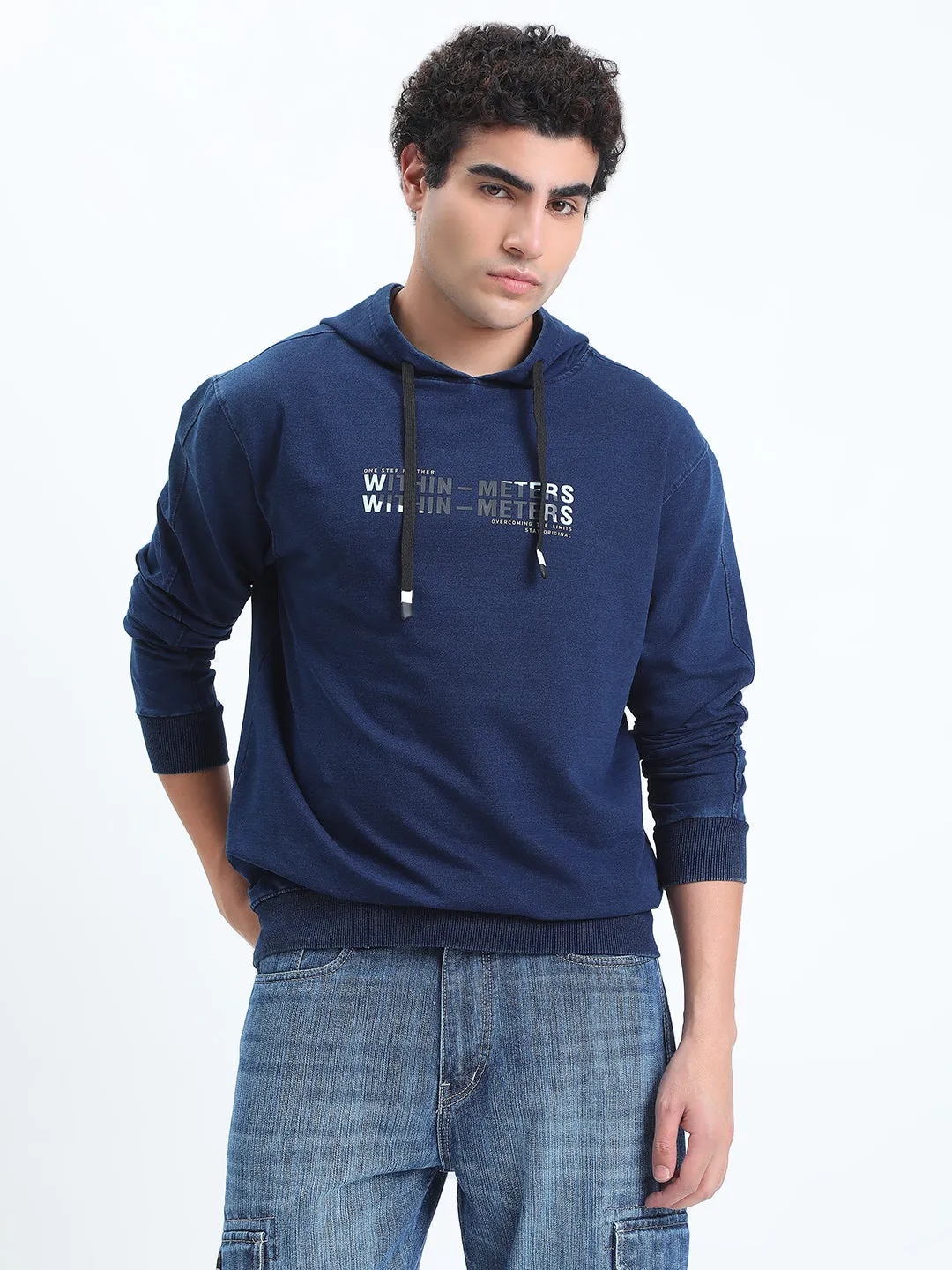 Transitional Piece product patchwork creativity Men's Typography Navy Blue Long Sleeve Hoodie