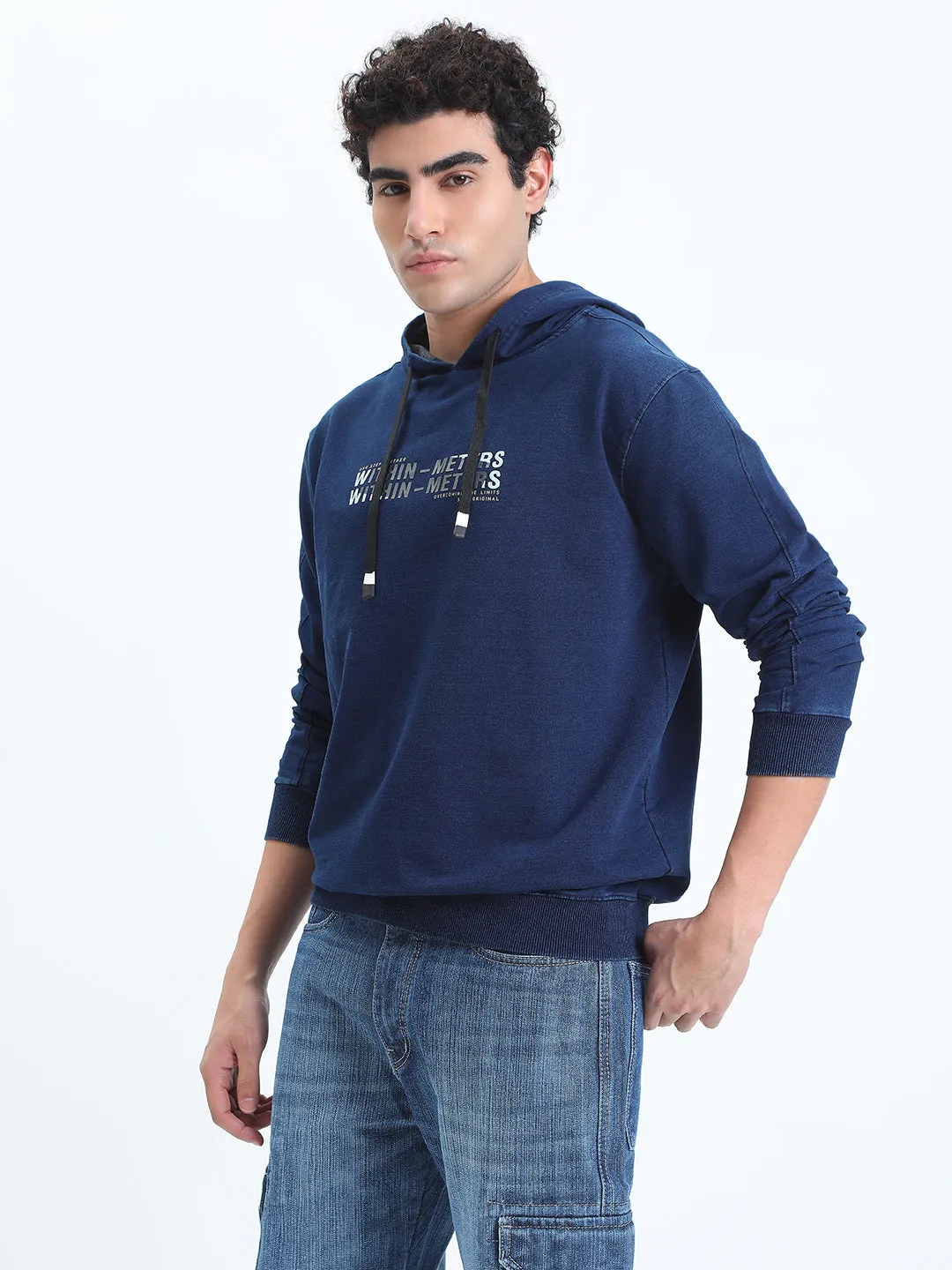 Men's Typography Navy Blue Long Sleeve Hoodie Thin Essential Bold