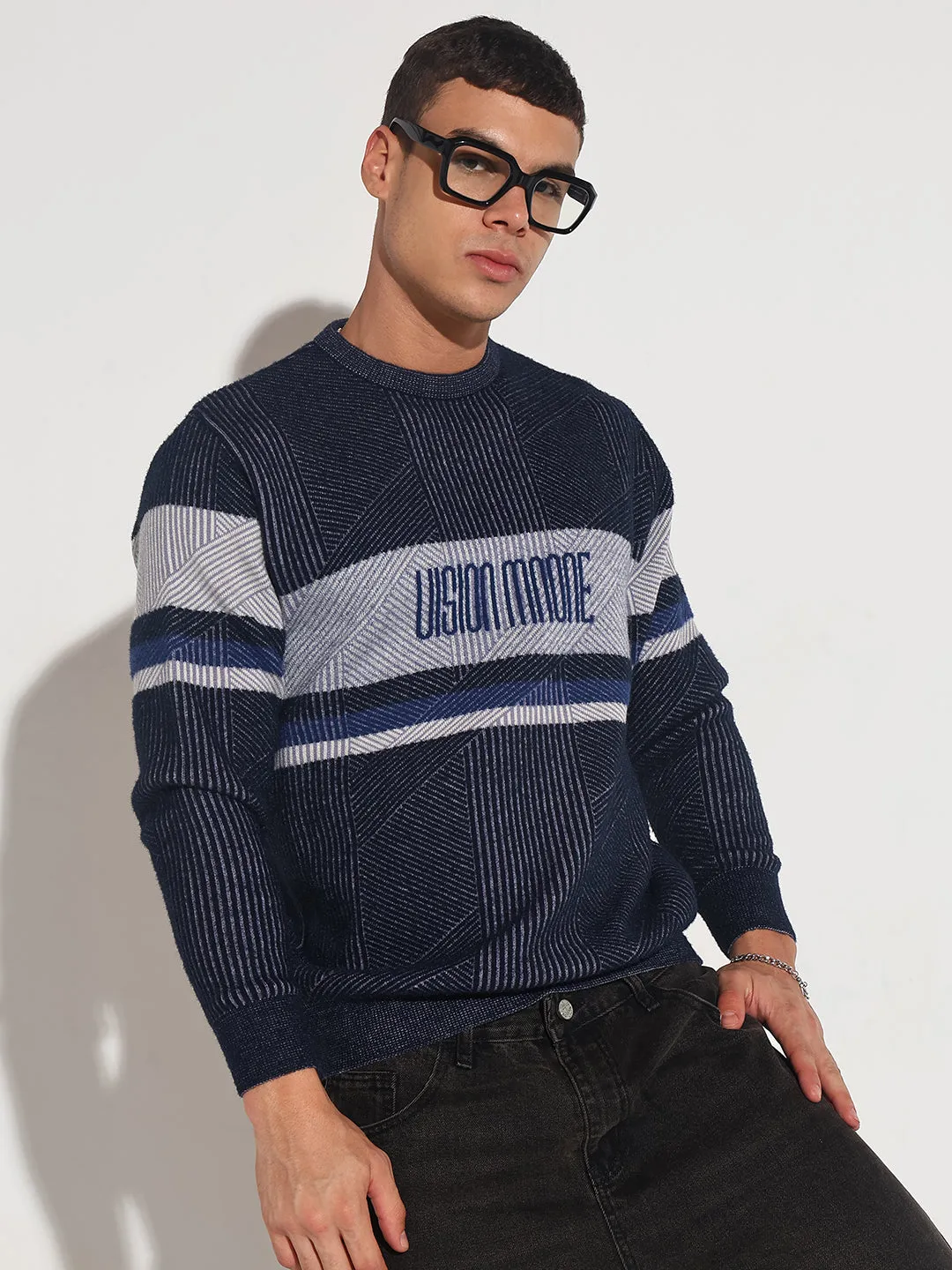Daily Layers Interlock Weave Men's Typography Navy Blue Ribbed Round Neck Sweater