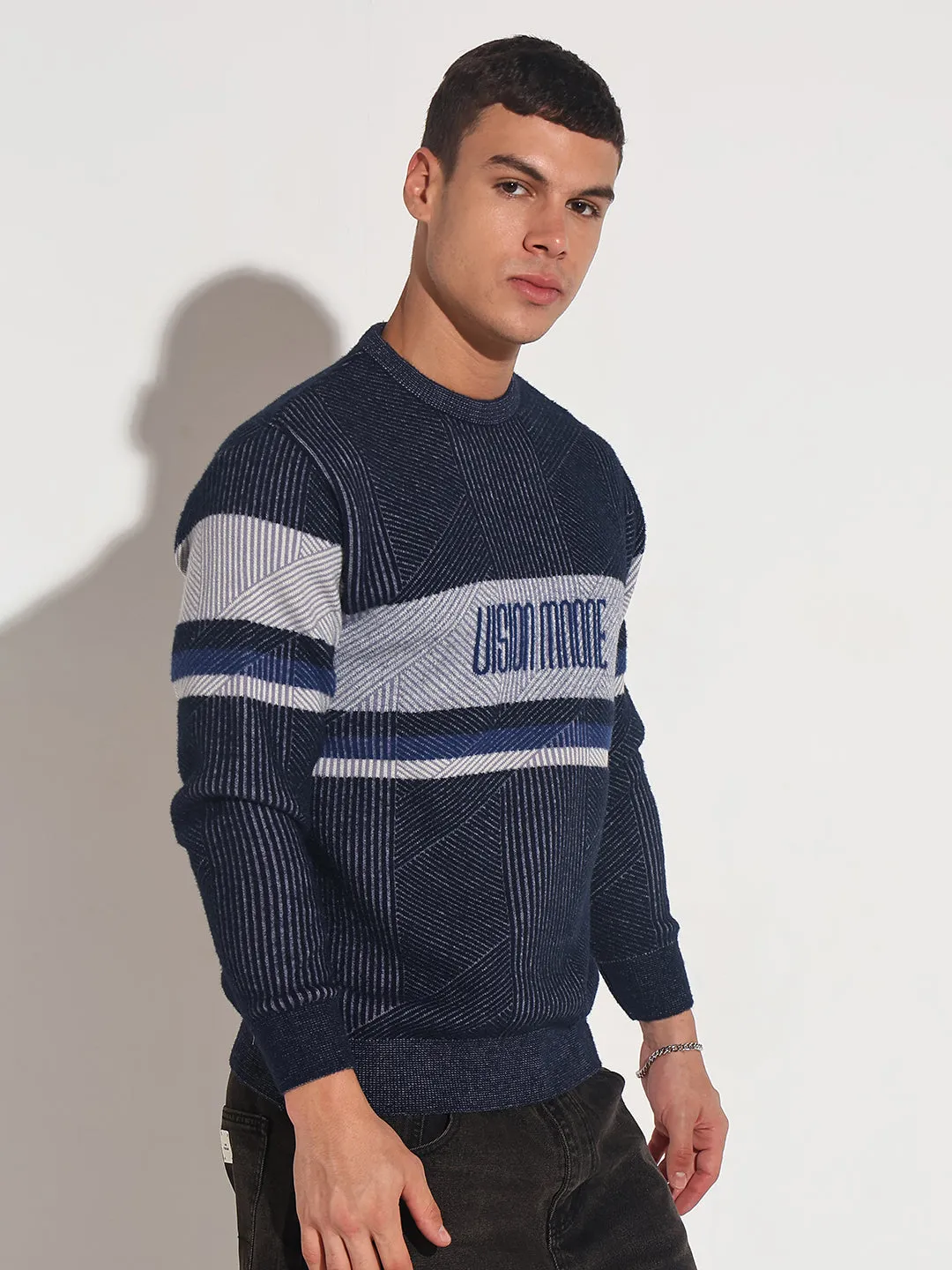 Men's Typography Navy Blue Ribbed Round Neck Sweater Home Comfort Reflective Yarn Accent