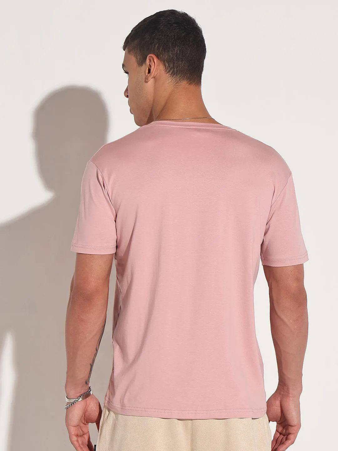 Cold Weather Outfit Opaque Tone Men's Typography Pink Metallic Print Round Neck Regular Fit T-Shirt