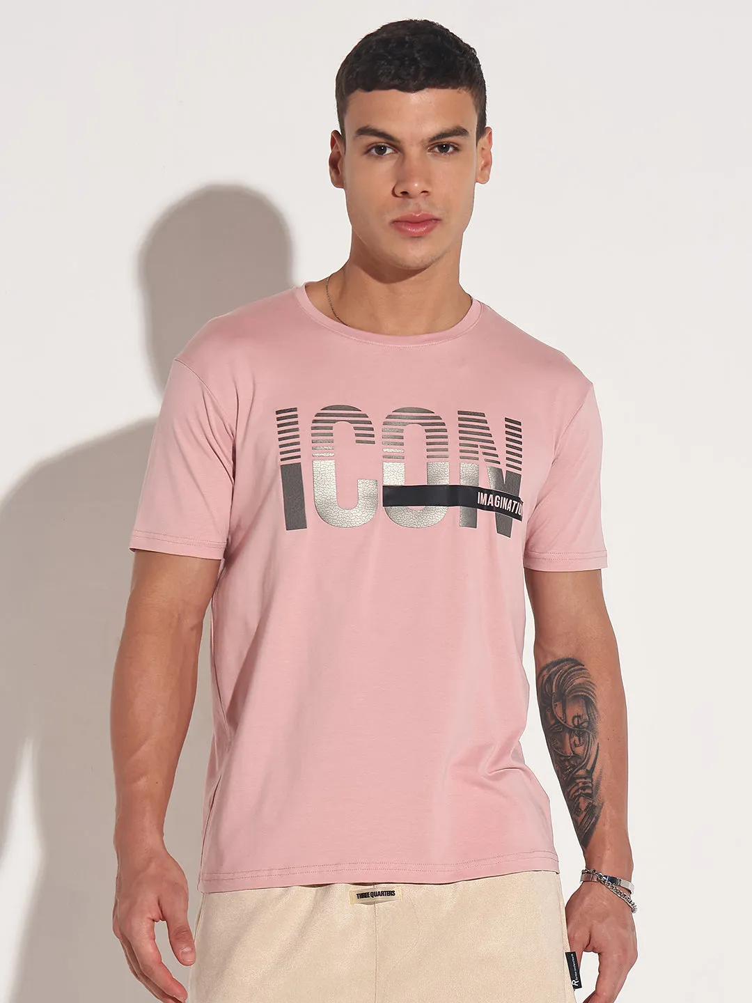 Layered Look Sporty Look Men's Typography Pink Metallic Print Round Neck Regular Fit T-Shirt