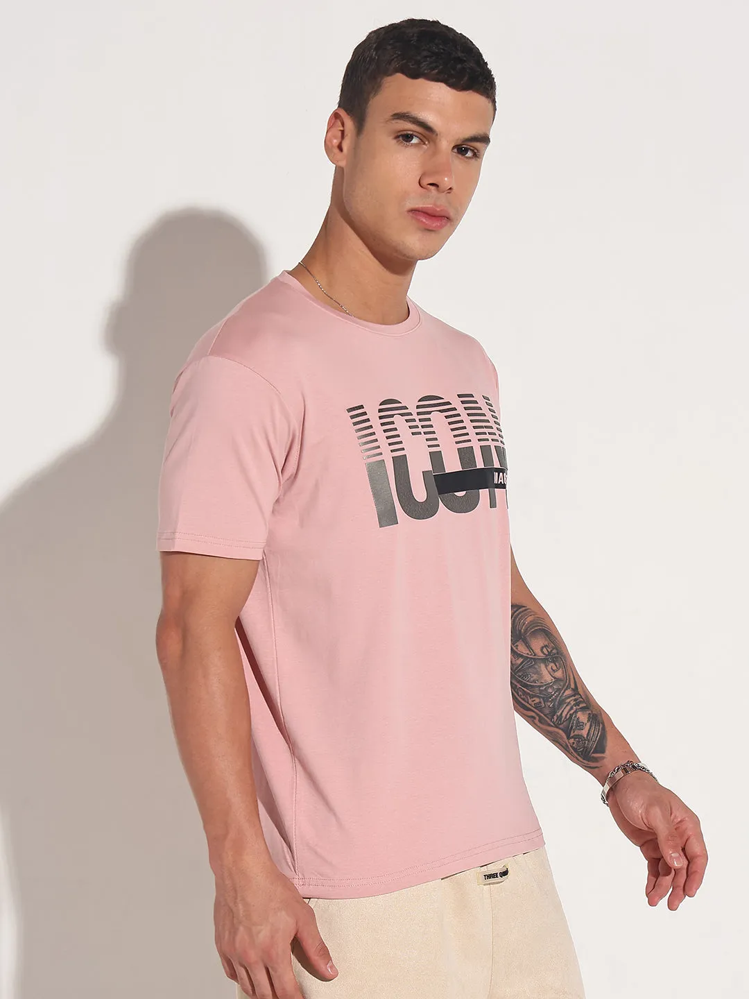 SoftTouchFinish Poise Fit Men's Typography Pink Metallic Print Round Neck Regular Fit T-Shirt
