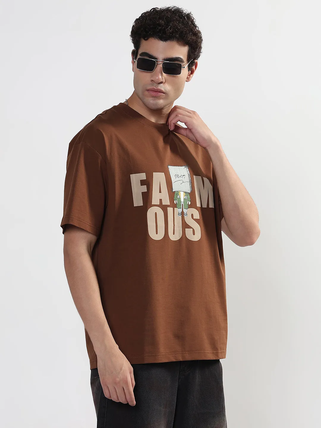 Men's Typography Printed Brown Regular Fit T-Shirt Fire Core
