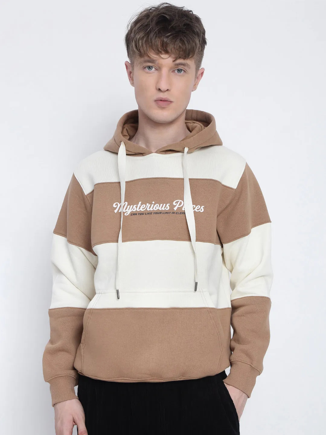 Men's Typography Printed Striped Brown Hoodie suitable for casual events good for rainy days