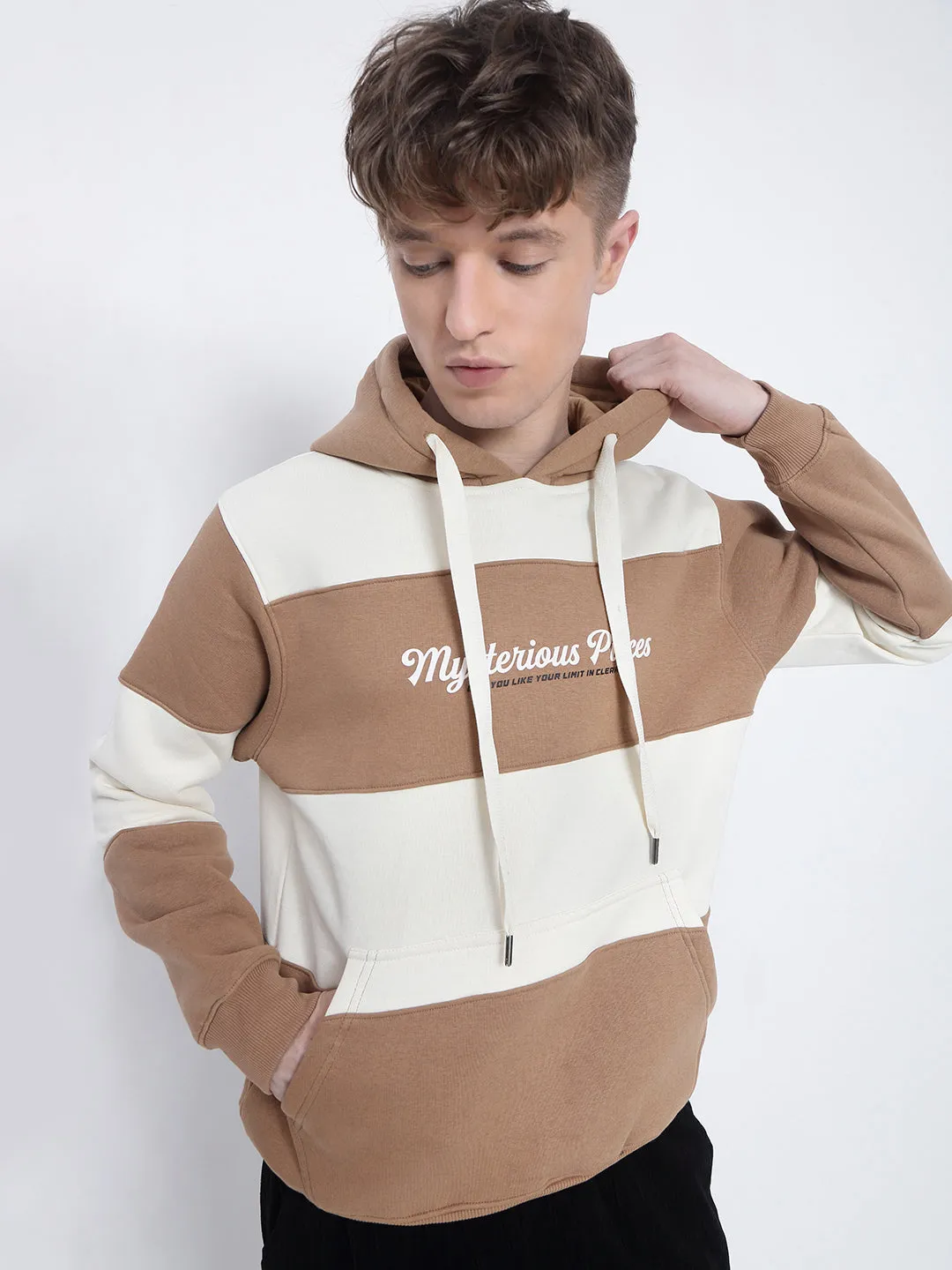Cold-Weather Wear Street Bold Men's Typography Printed Striped Brown Hoodie