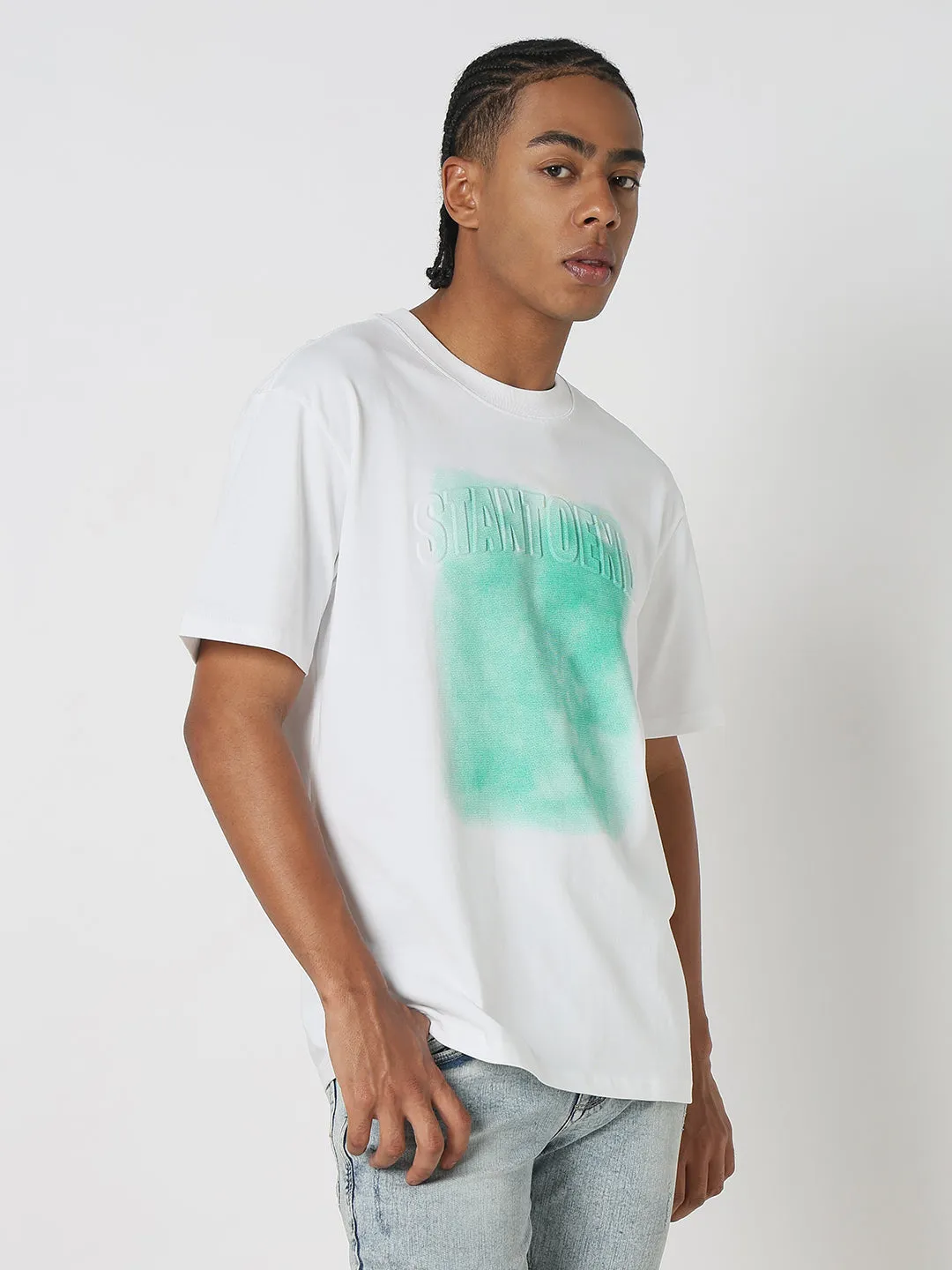Office Glam Men's White & Green Vintage Wash T-Shirt