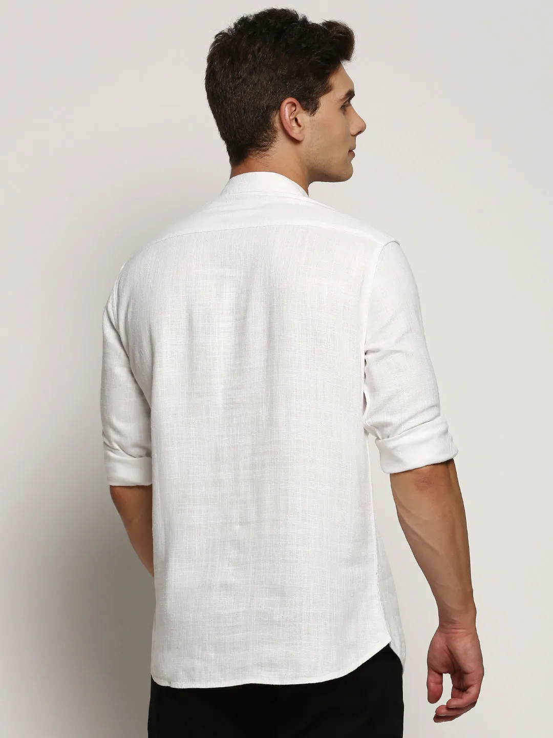 ThermalRegulating Fabric Men's White Band Collar Roll-Up Sleeves Cotton Straight Shirt