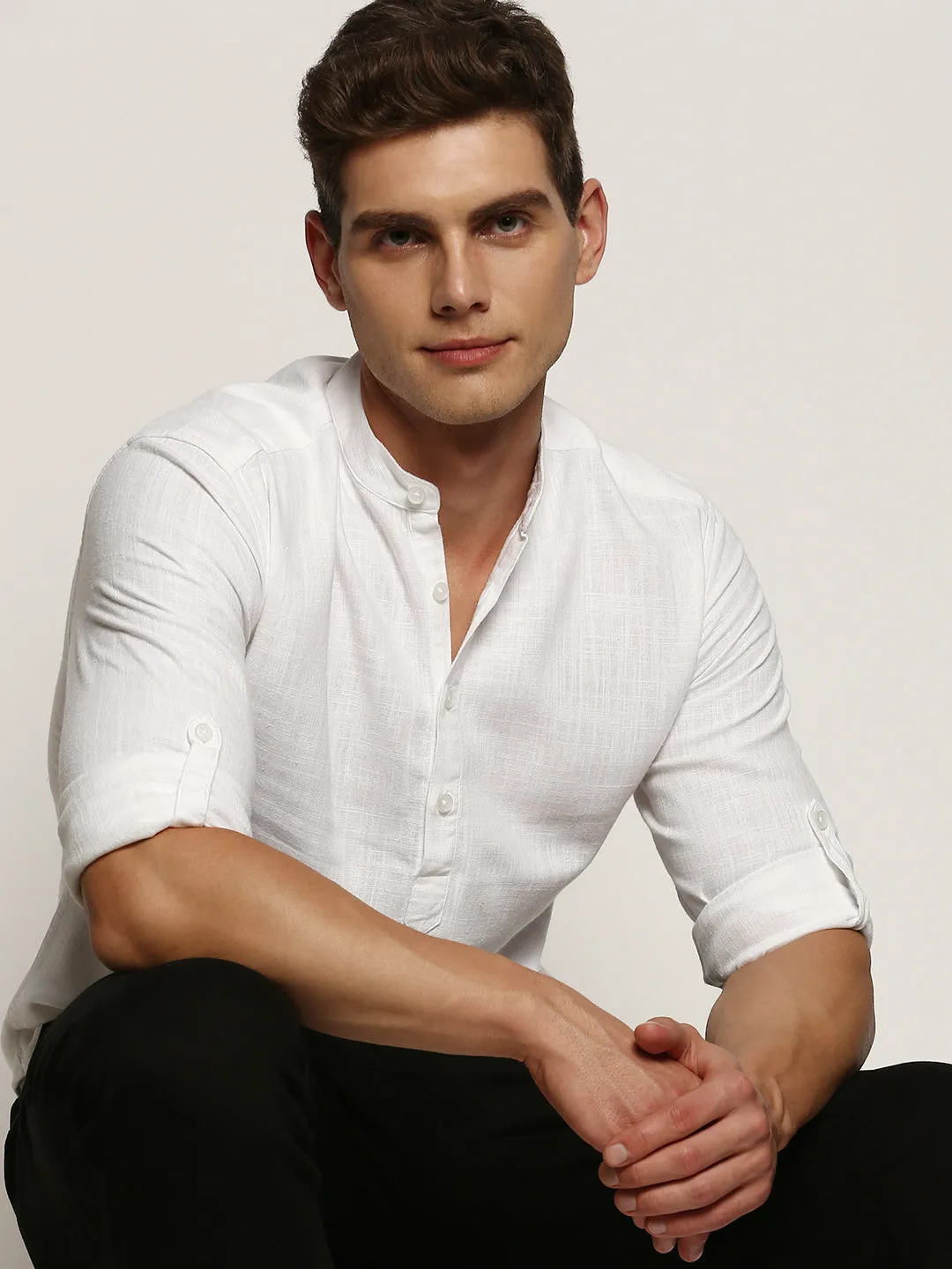 Music Mood Men's White Band Collar Roll-Up Sleeves Cotton Straight Shirt