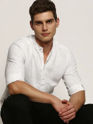 Music Mood Men's White Band Collar Roll-Up Sleeves Cotton Straight Shirt