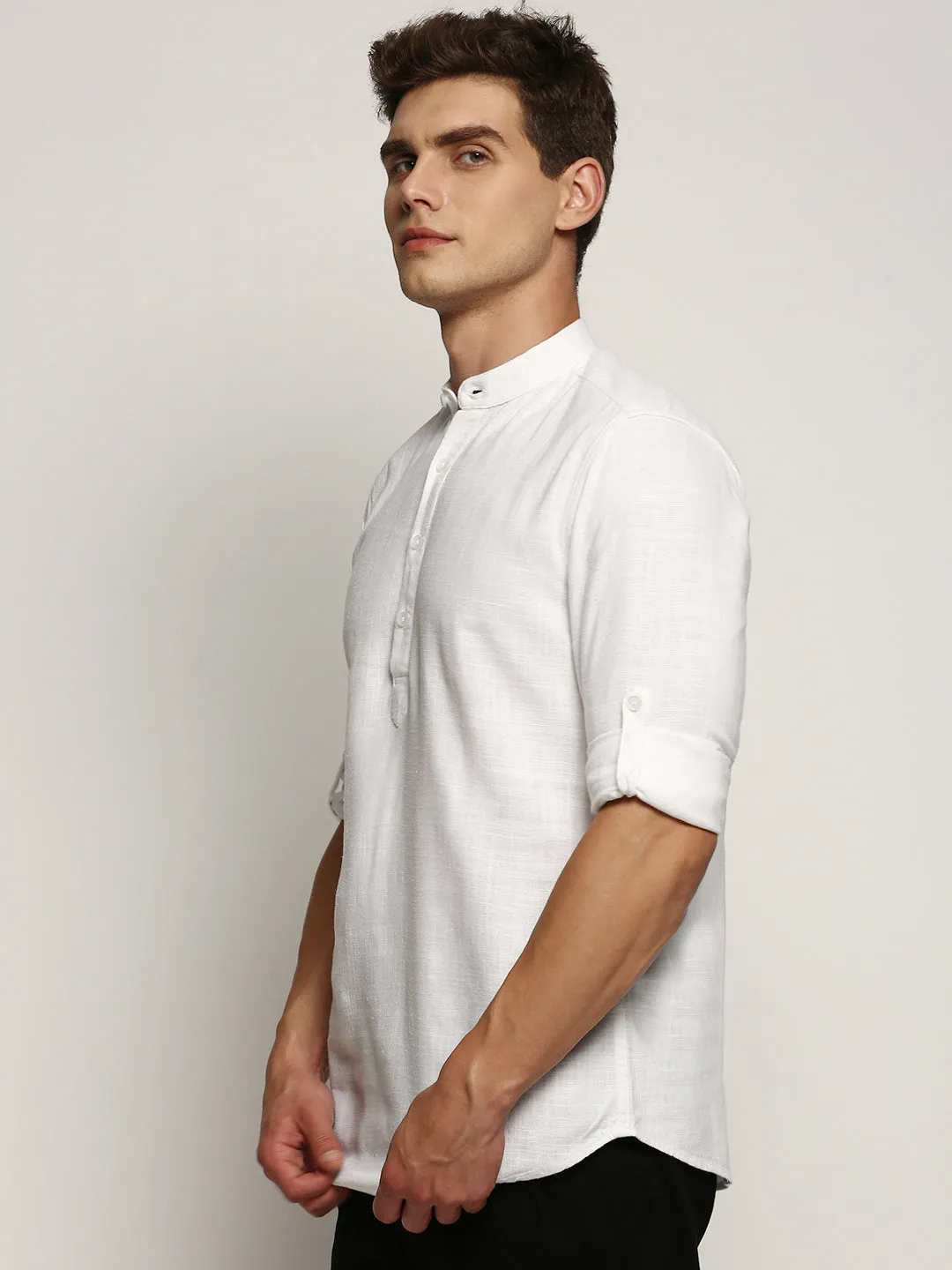 Comfy Wear Classic Glow Men's White Band Collar Roll-Up Sleeves Cotton Straight Shirt