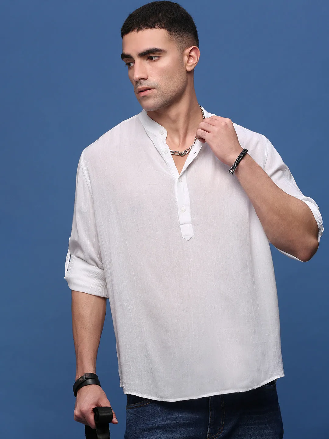 Men's White Band Collar Roll-Up Sleeves Semi Sheer Casual Shirt Classic Sweater