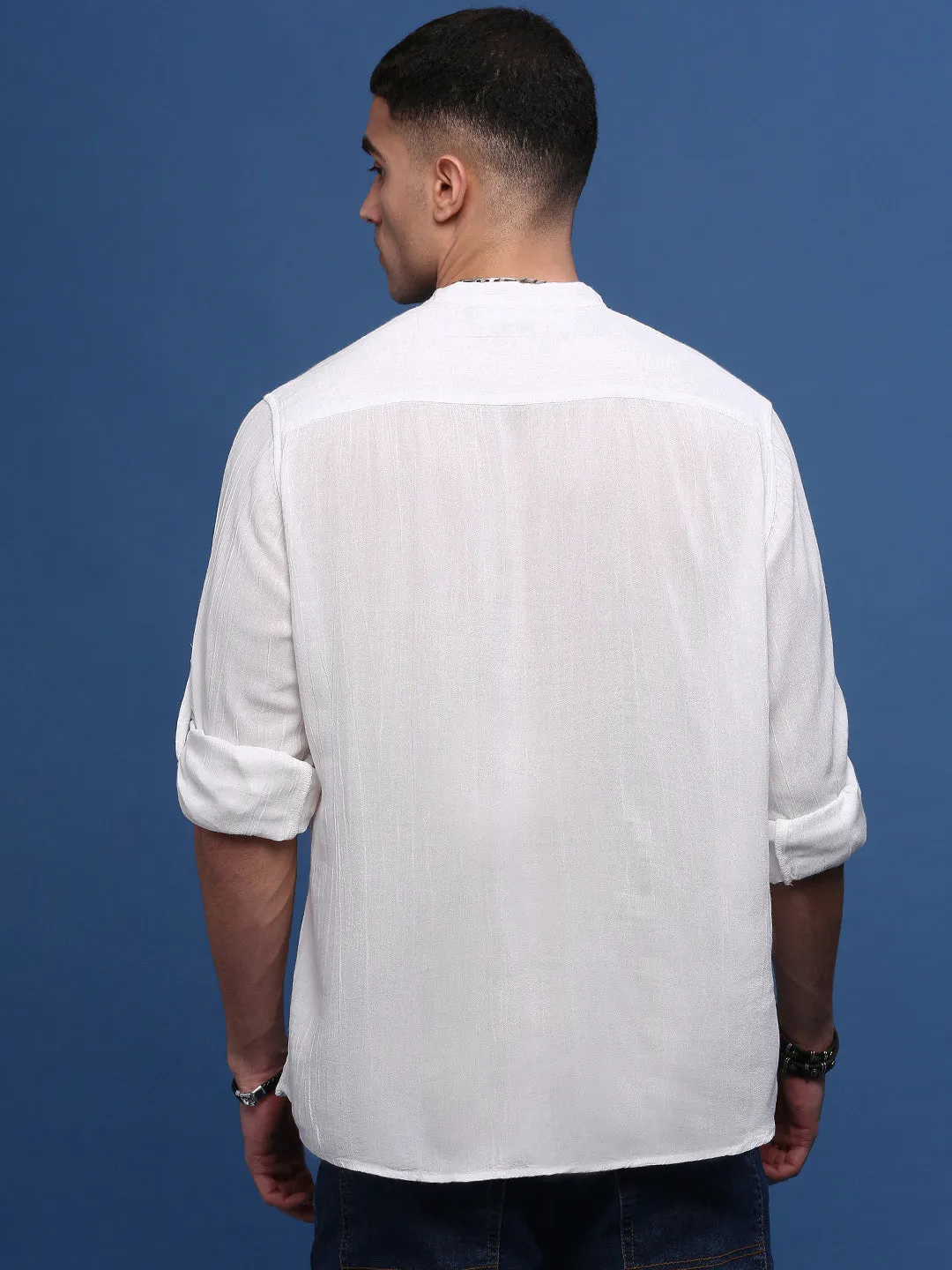 Flexible Waistband Men's White Band Collar Roll-Up Sleeves Semi Sheer Casual Shirt