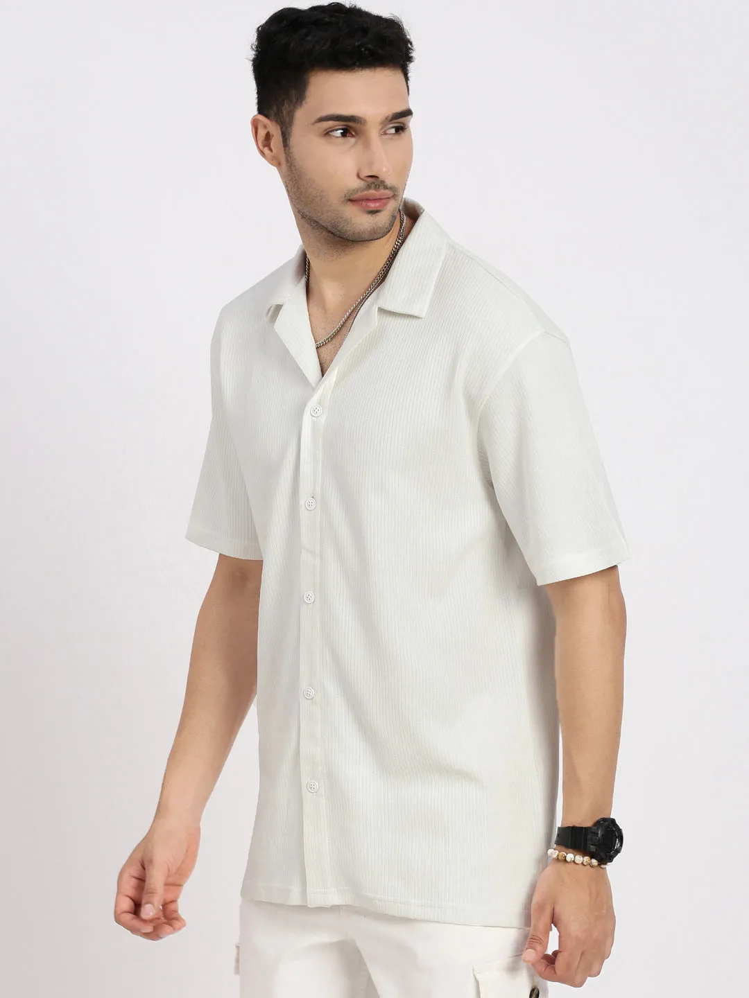 Men's White Comfort Cuban Collar Solid Cotton Relaxed Fit Casual Shirt Soft Tunic Trendy Jacket