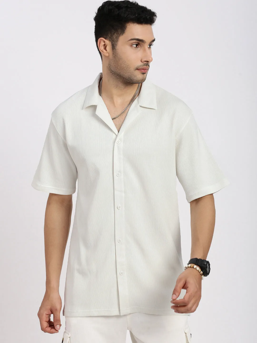 Men's White Comfort Cuban Collar Solid Cotton Relaxed Fit Casual Shirt Craft Soul