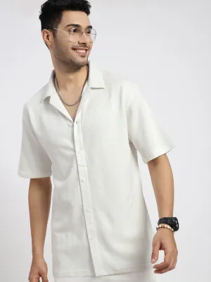 Men's White Comfort Cuban Collar Solid Cotton Relaxed Fit Casual Shirt Sport Ease