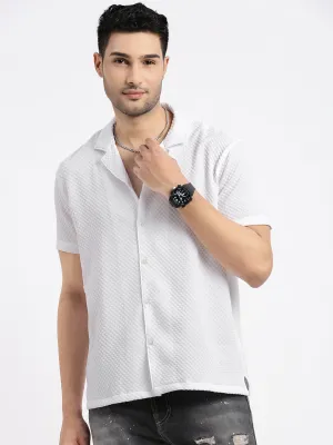 Men's White Comfort Cuban Collar Solid Crepe Relaxed Fit Casual Shirt Conscious Fit Relaxed Layer