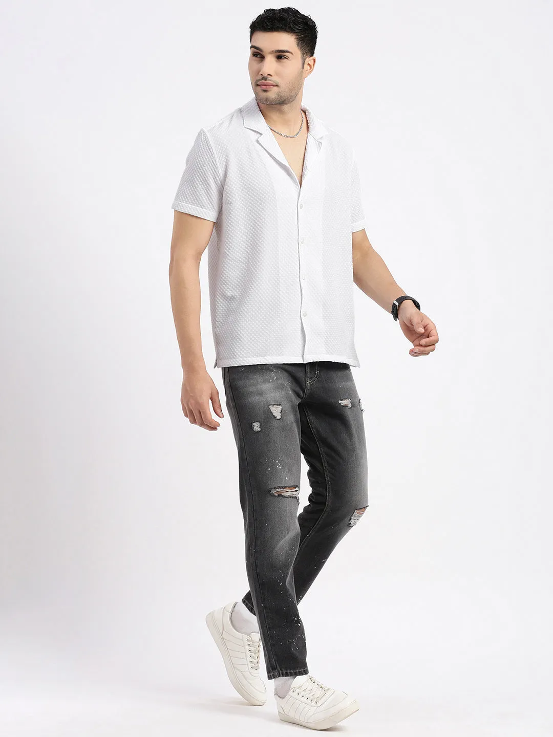 HighDensityWeave Men's White Comfort Cuban Collar Solid Crepe Relaxed Fit Casual Shirt