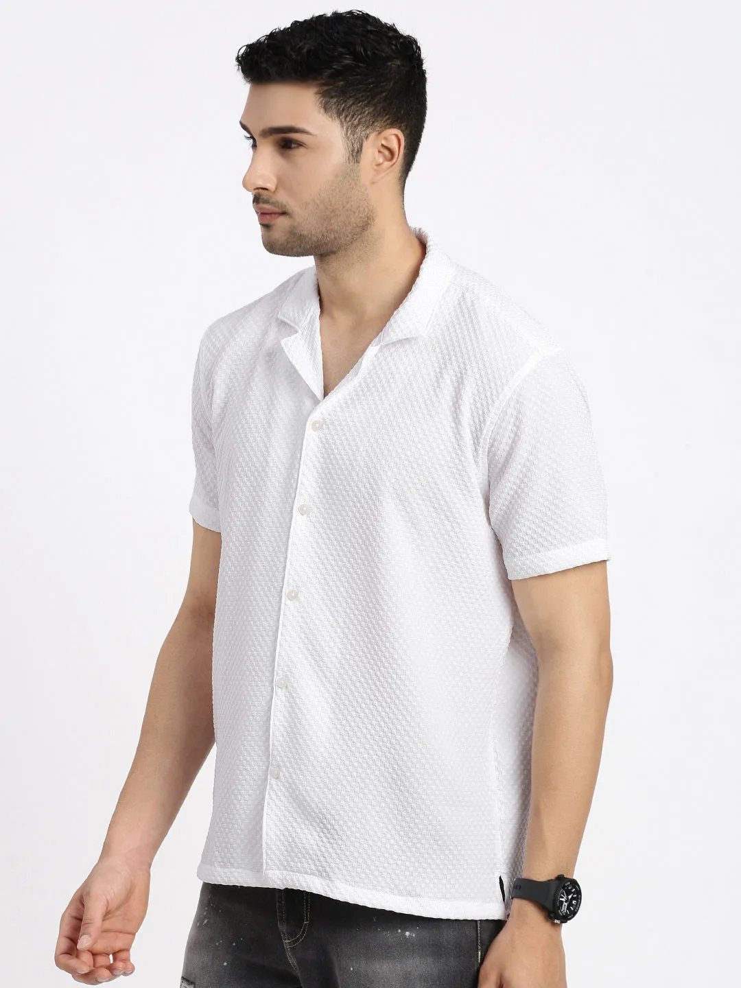 Men's White Comfort Cuban Collar Solid Crepe Relaxed Fit Casual Shirt TaglessDesign