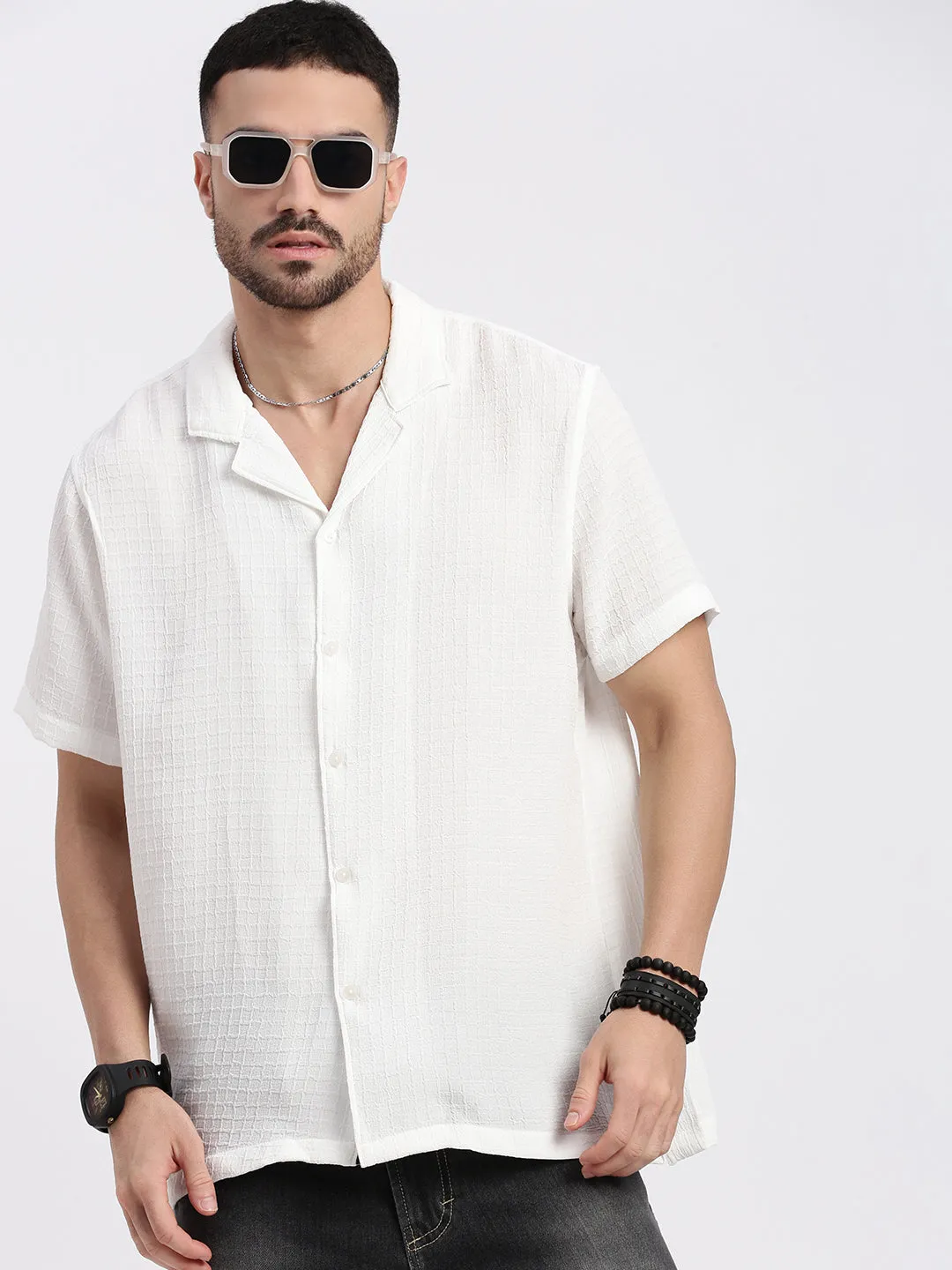 Men's White Comfort Cuban Collar Solid Crepe Relaxed Fit Casual Shirt TaglessLabel