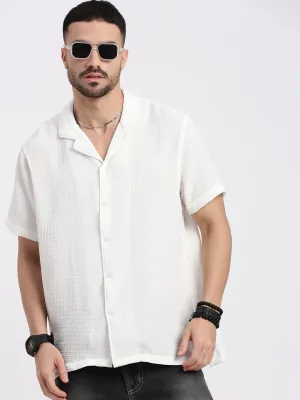 Men's White Comfort Cuban Collar Solid Crepe Relaxed Fit Casual Shirt TaglessLabel
