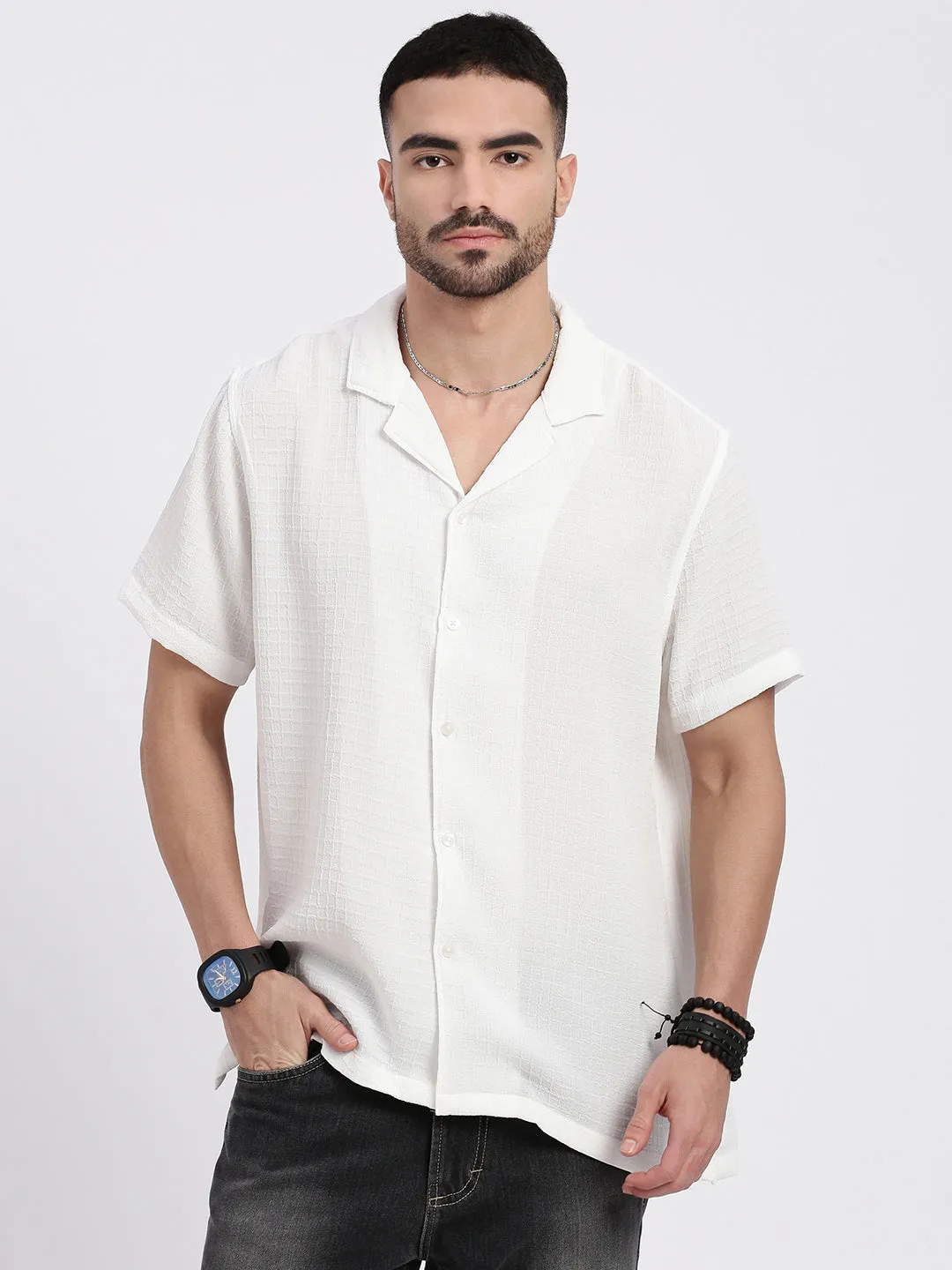 LayeredNeckline Wind Glow Men's White Comfort Cuban Collar Solid Crepe Relaxed Fit Casual Shirt