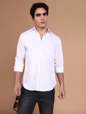 CompactWeave Men's White Comfort Spread Collar Solid Cotton Casual Shirt