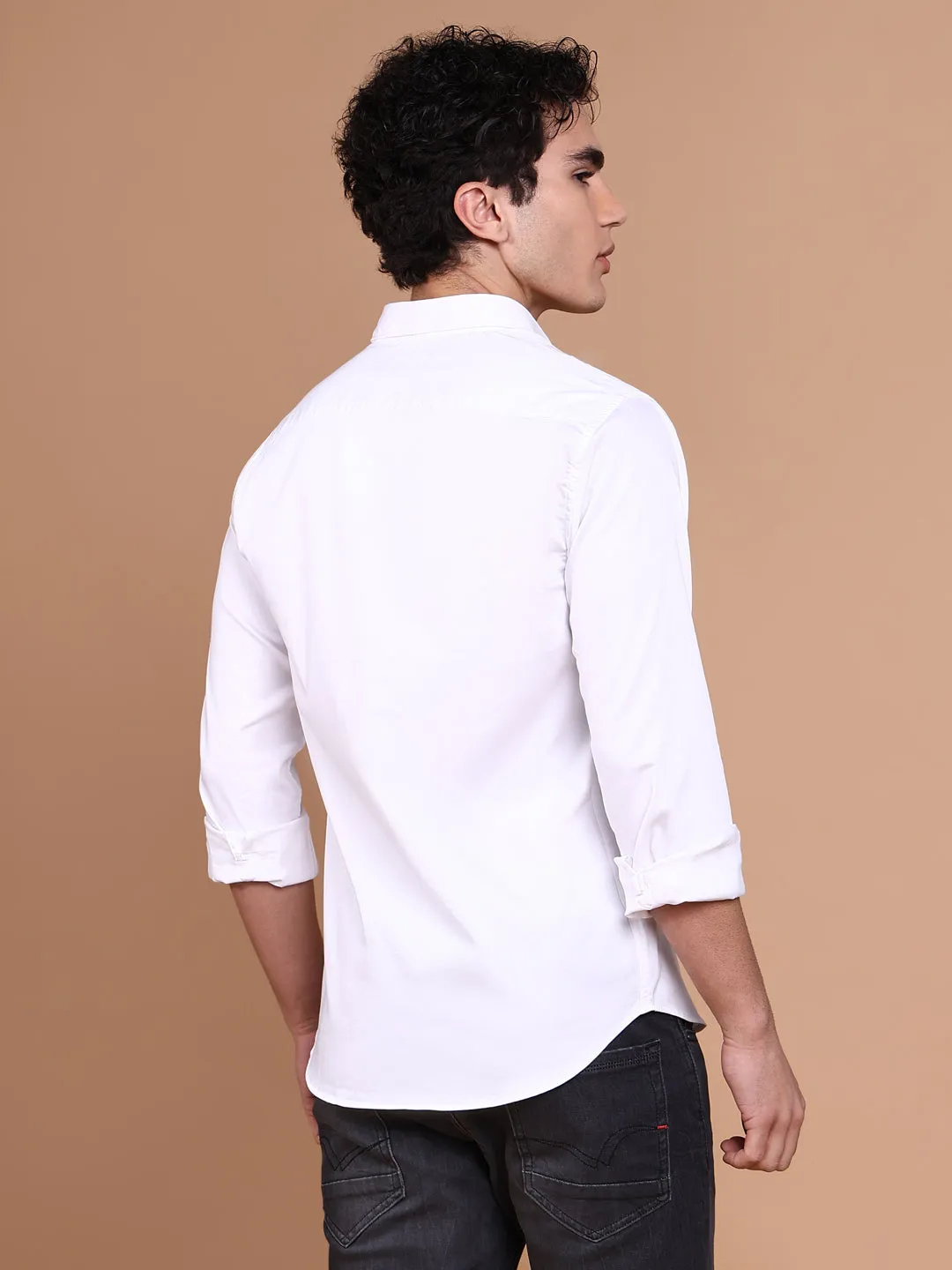 Linen Soul AntiStatic Lining Men's White Comfort Spread Collar Solid Cotton Casual Shirt