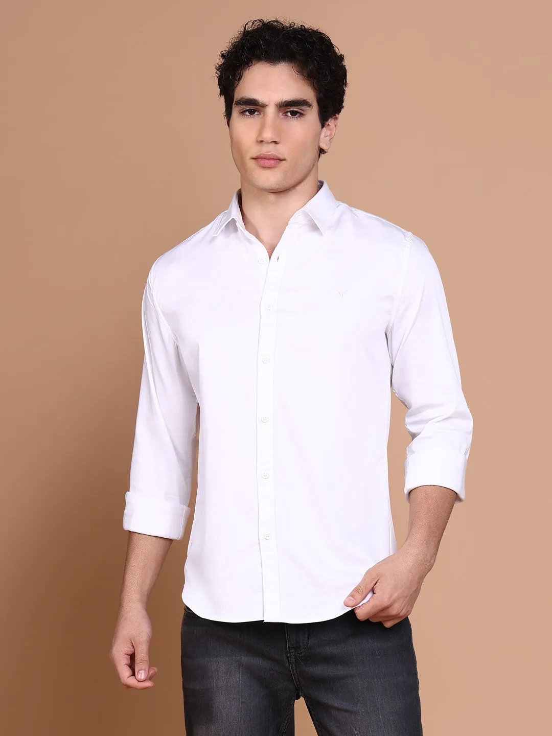Smart Design Fashion Core Men's White Comfort Spread Collar Solid Cotton Casual Shirt