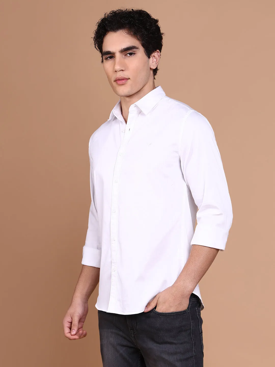 AbrasionResistant Material Men's White Comfort Spread Collar Solid Cotton Casual Shirt