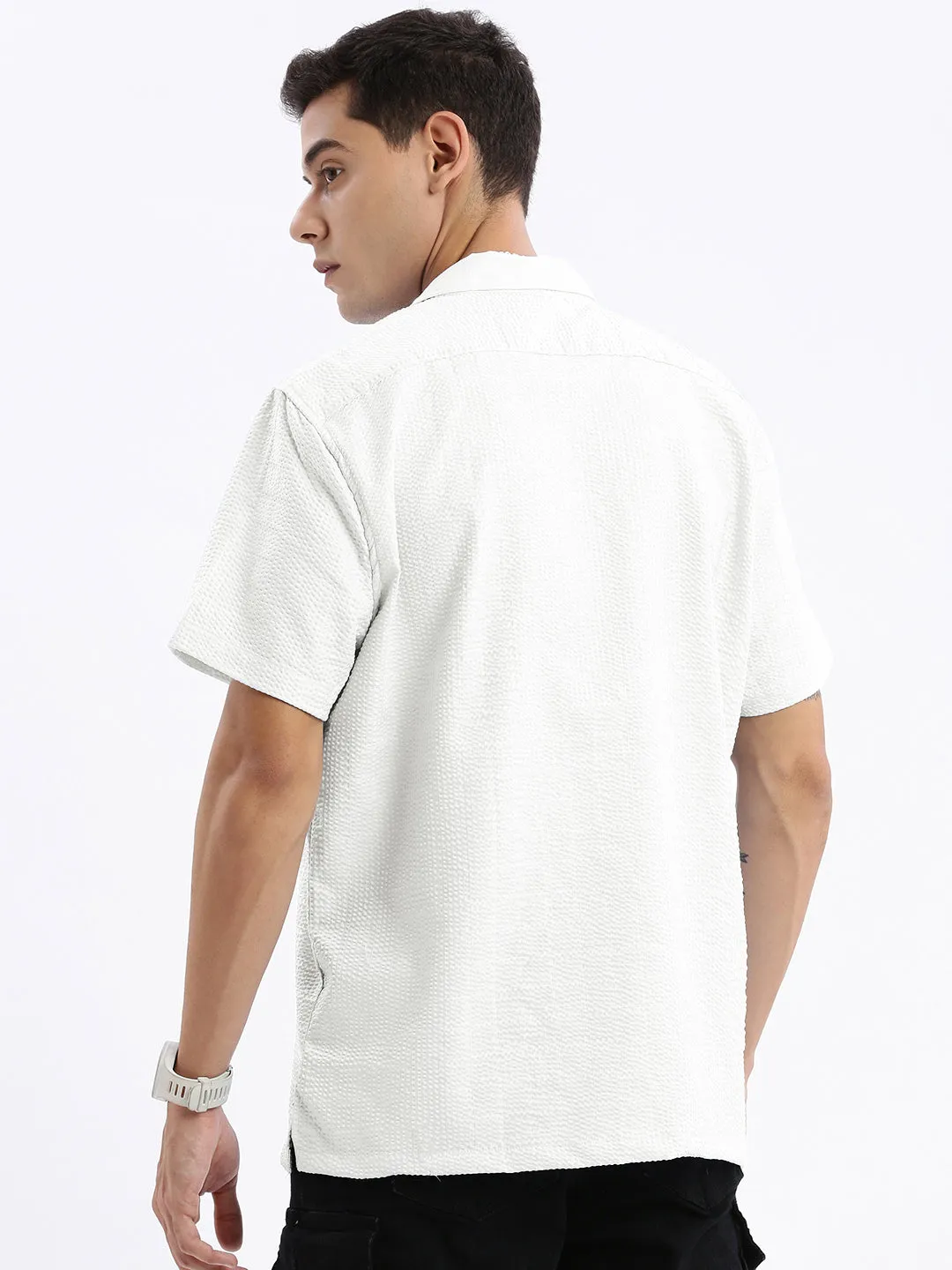 Men's White Cuban Collar Relaxed Fit Shirt Model Glow