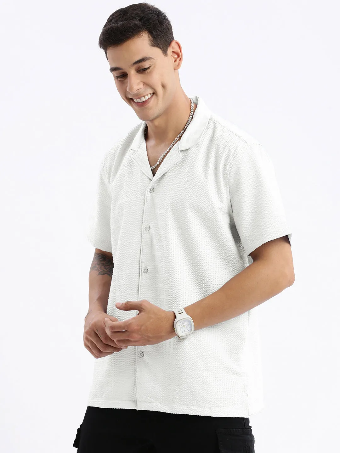 Functional Fashion Wool Fit Men's White Cuban Collar Relaxed Fit Shirt