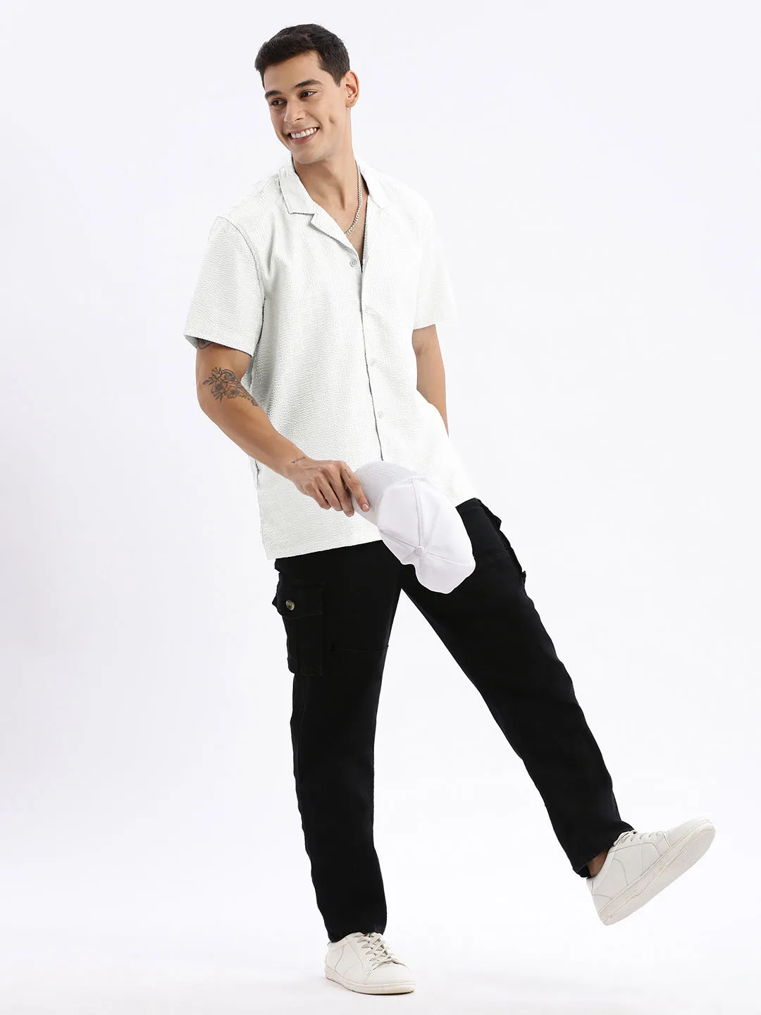 Summer Skirt Clear Glow Men's White Cuban Collar Relaxed Fit Shirt