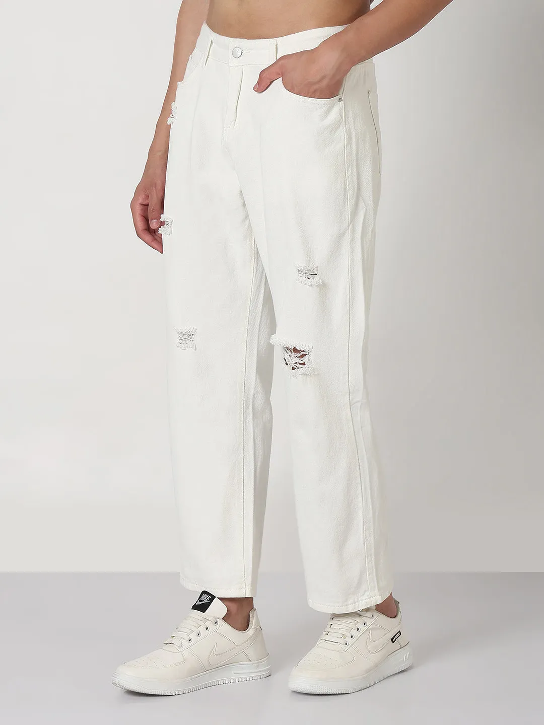 Classic Casual Men's White Distressed Straight Fit Jeans