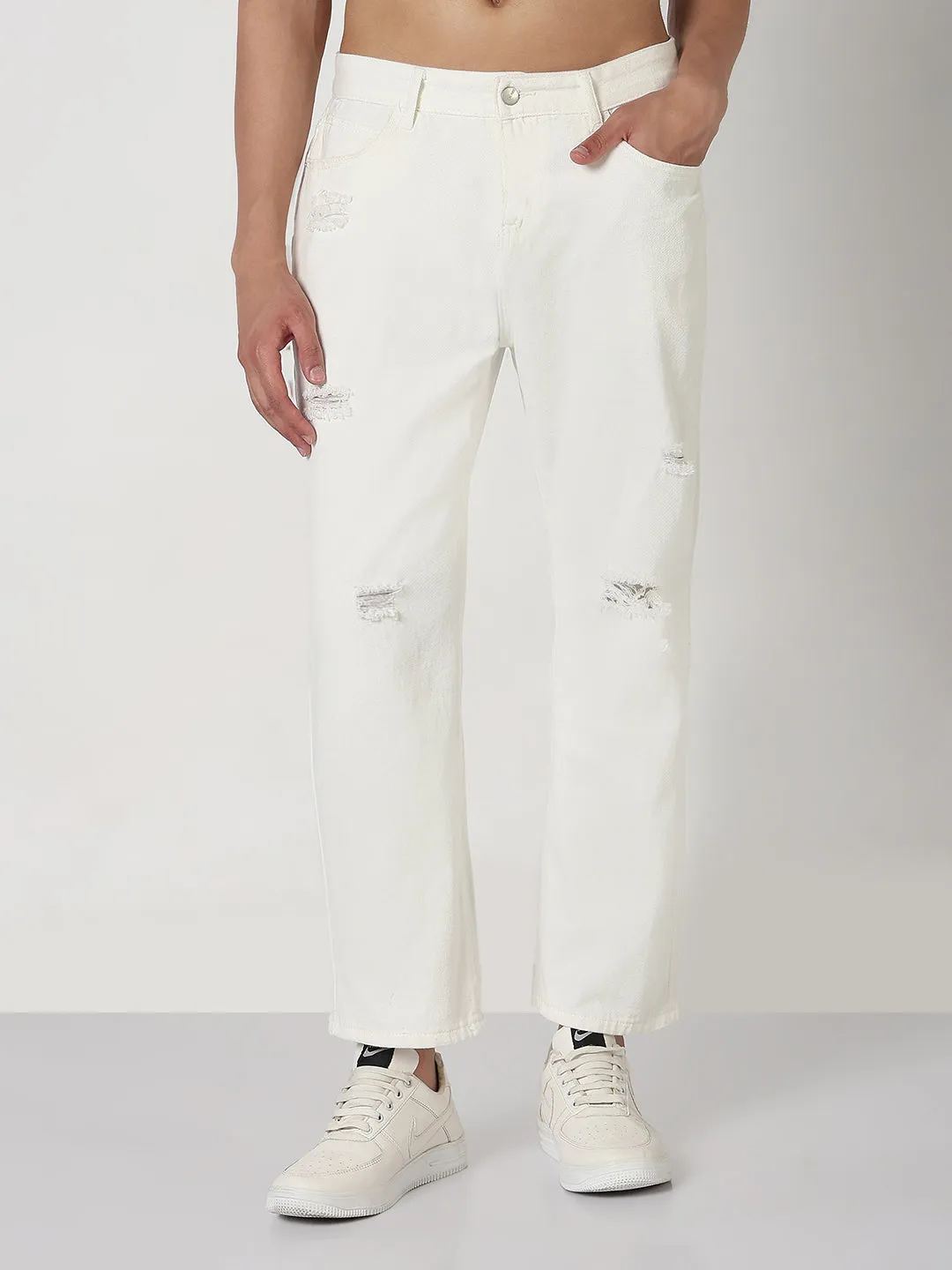 Formal Fashion Lover Minimal Shrinkage Fabric Men's White Distressed Straight Fit Jeans