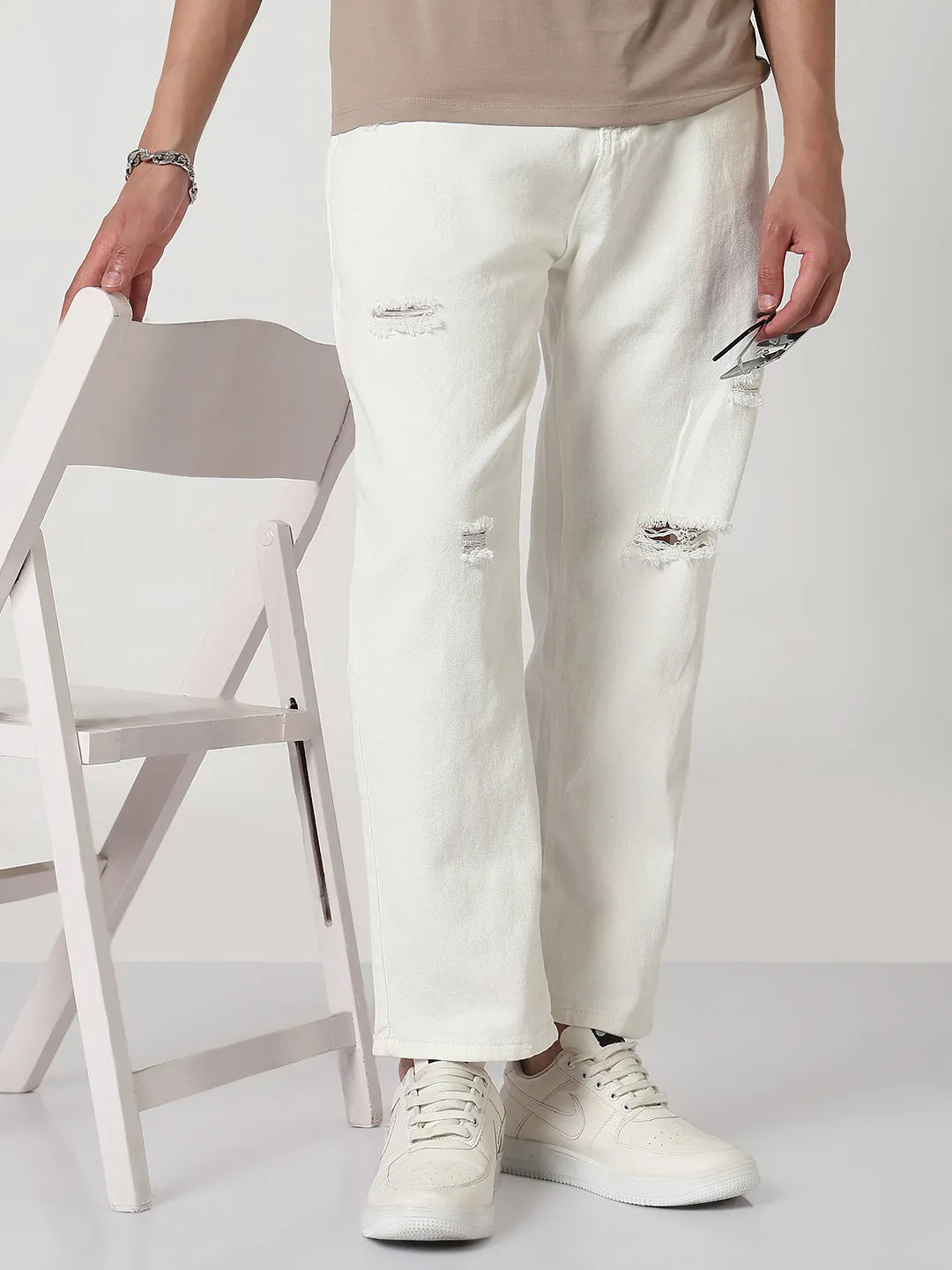 Party Look Modern Minimalist Basic Fashion Men's White Distressed Straight Fit Jeans