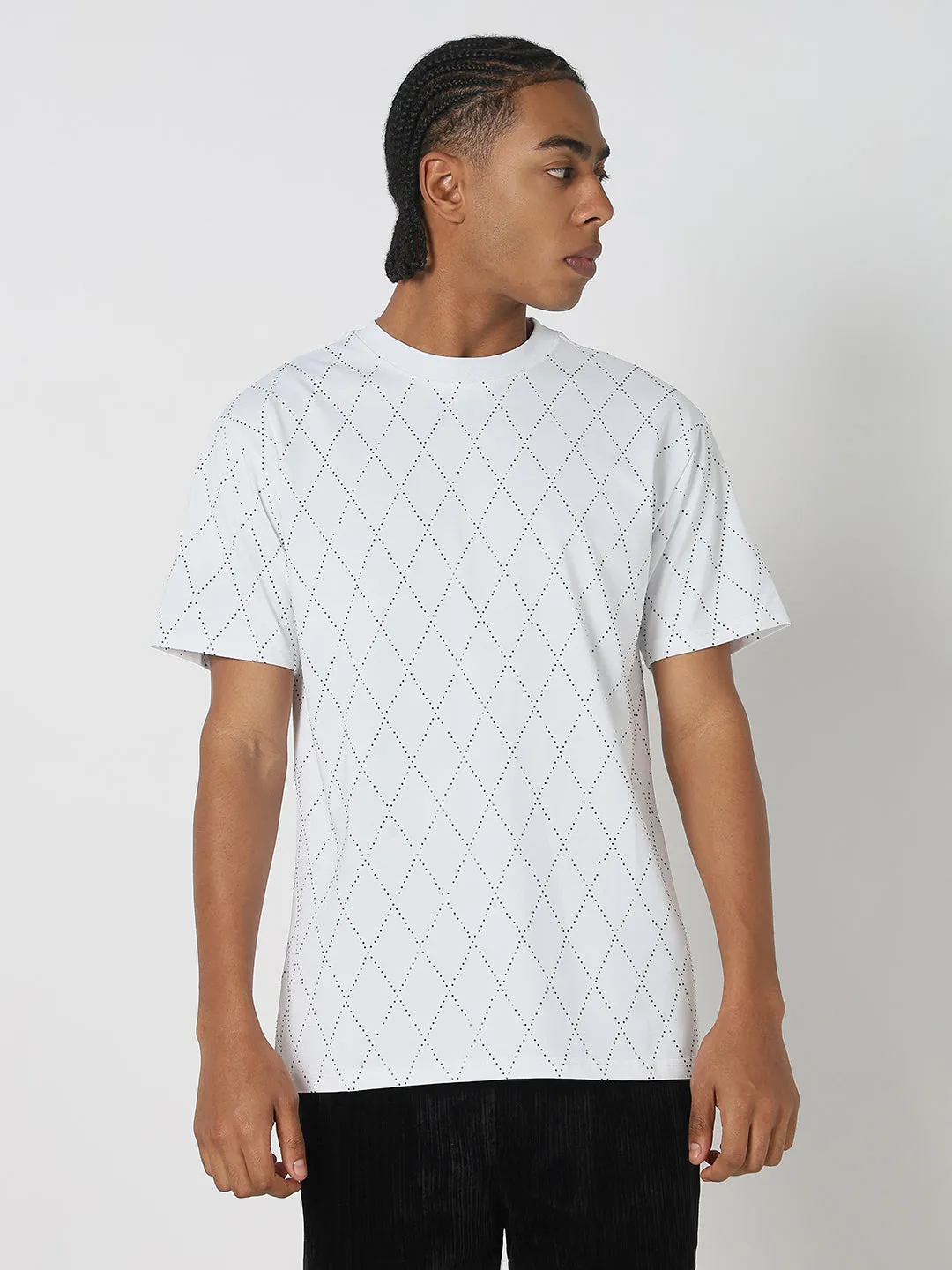 World Tone Fall Mood Men's White Geometric Stone Embellished T-Shirt