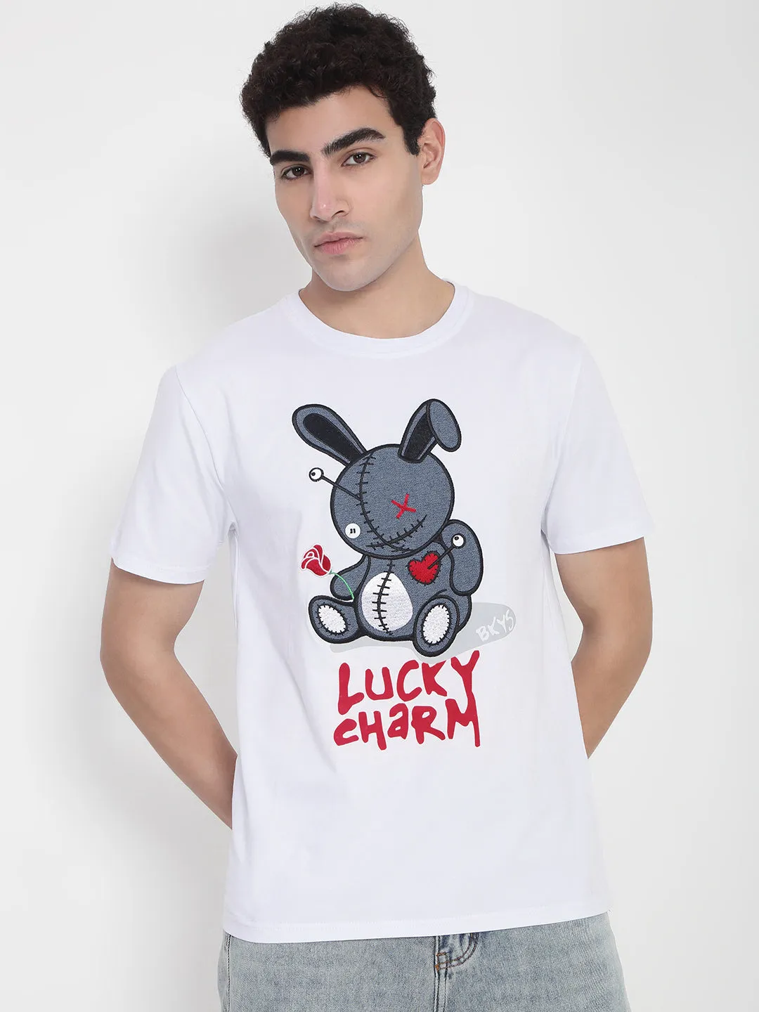 Relaxed Layer Men's White Graphic Printed Regular Fit T-Shirt