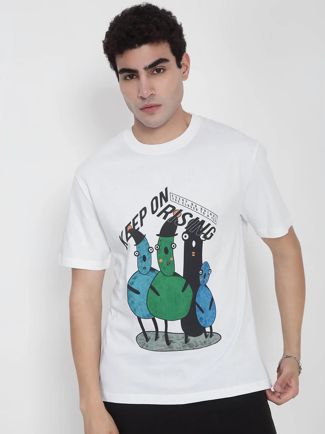 Men's White Graphic Printed Regular Fit T-Shirt Summer Wear