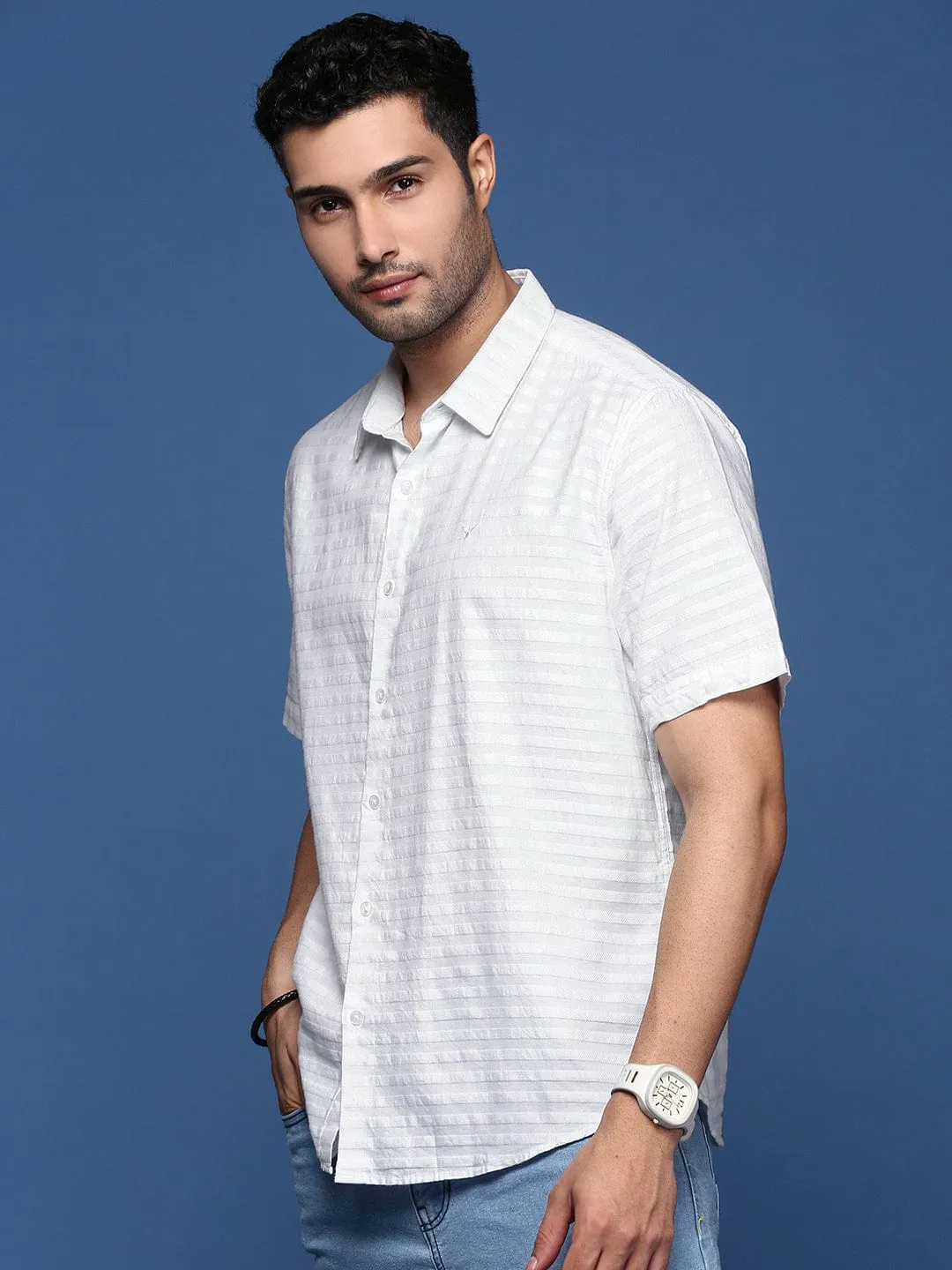 Men's White Horizontal Striped Cotton Standard Slim Fit Casual Shirt Practical Style Jewel tone