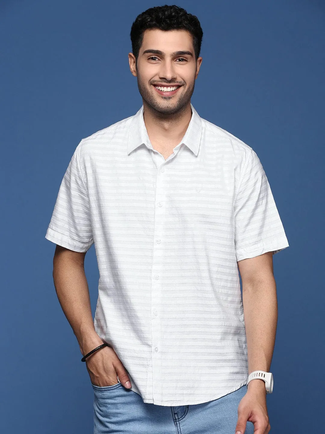 Men's White Horizontal Striped Cotton Standard Slim Fit Casual Shirt Warm Socks