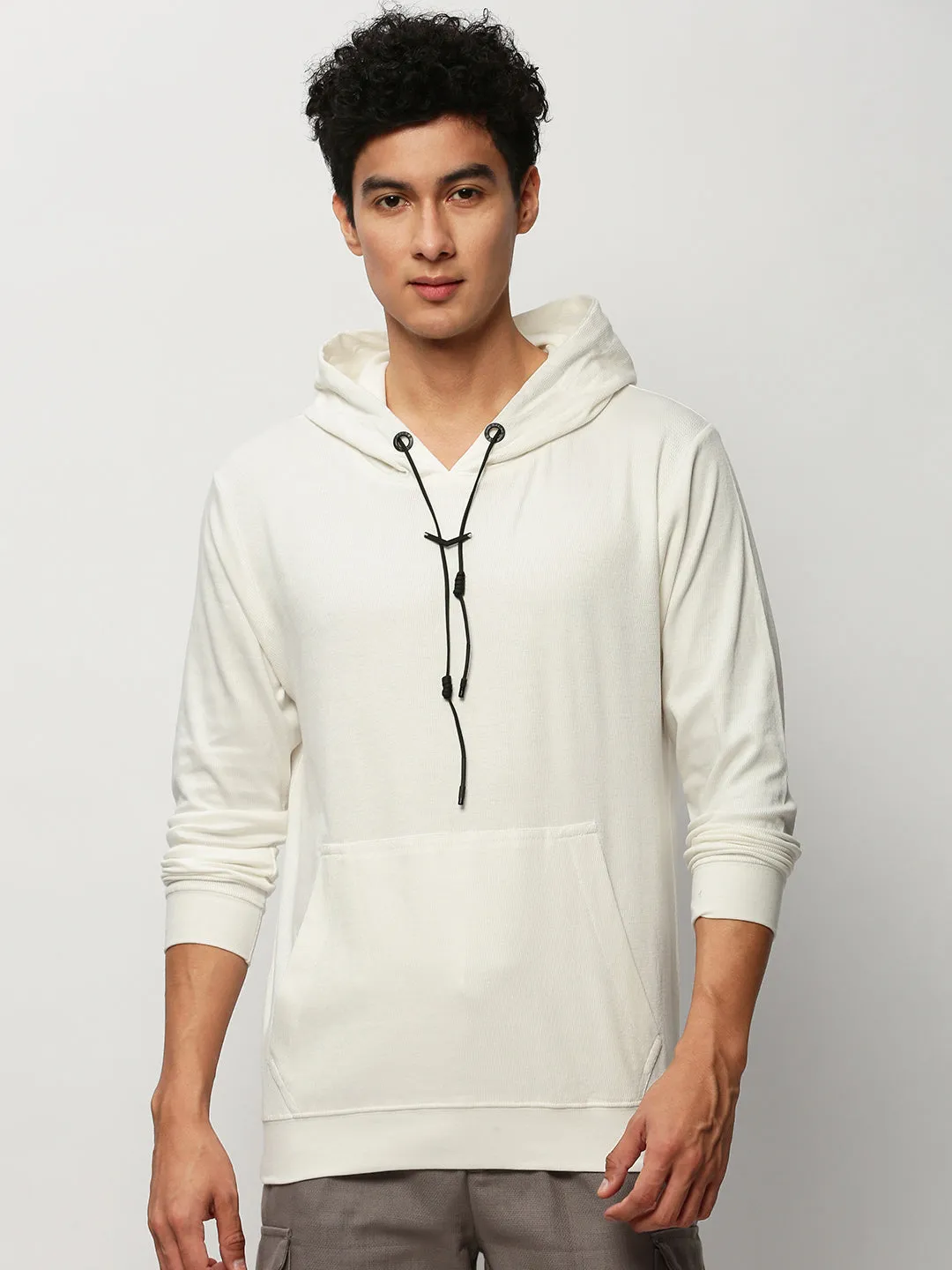 Men's White Long Sleeves Hooded Cotton Pullover product loop stability Classic Chic