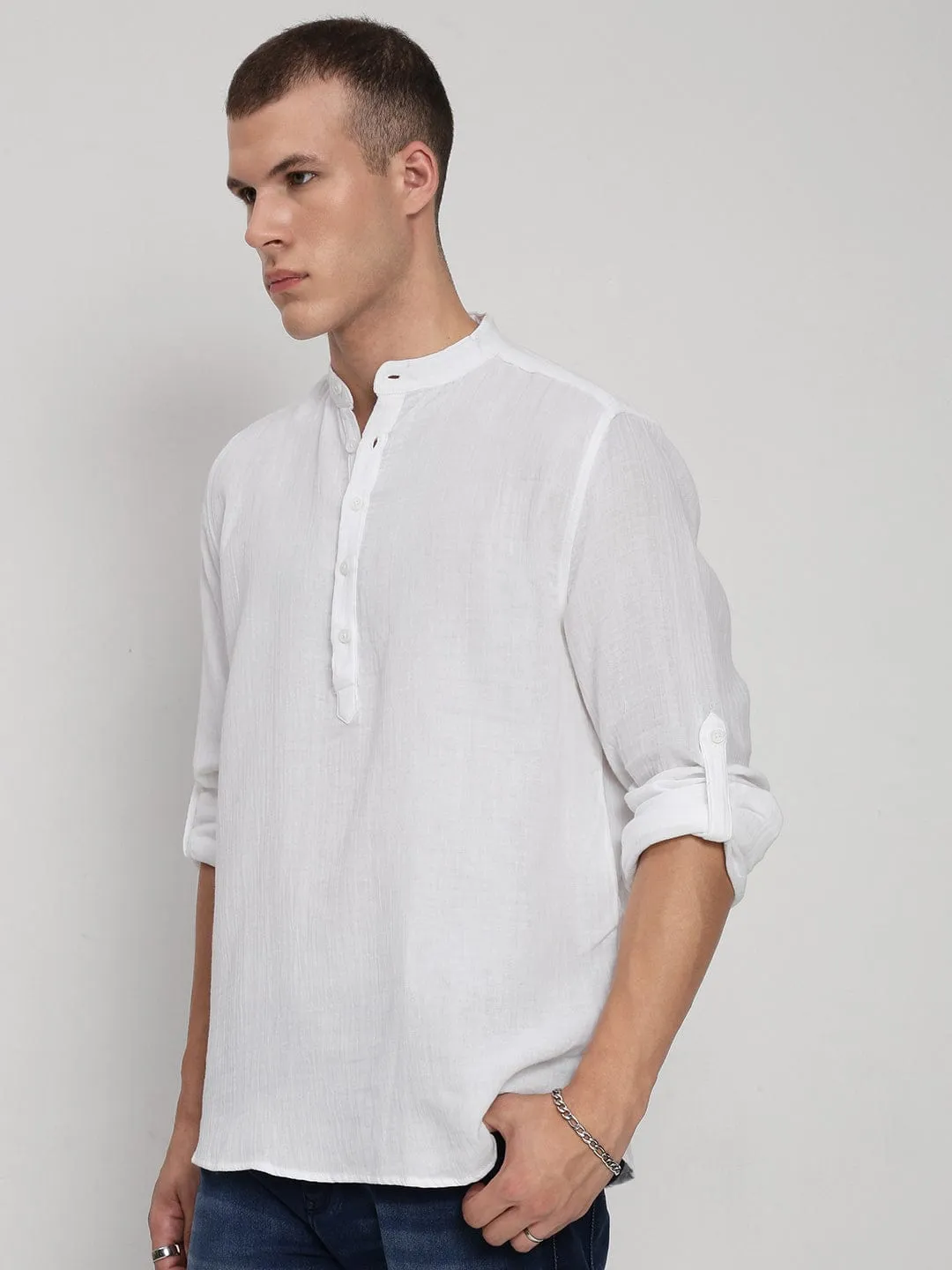 Men's White Mandarin Collar Regular Fit Shirt Love Core Comfortable Jacket