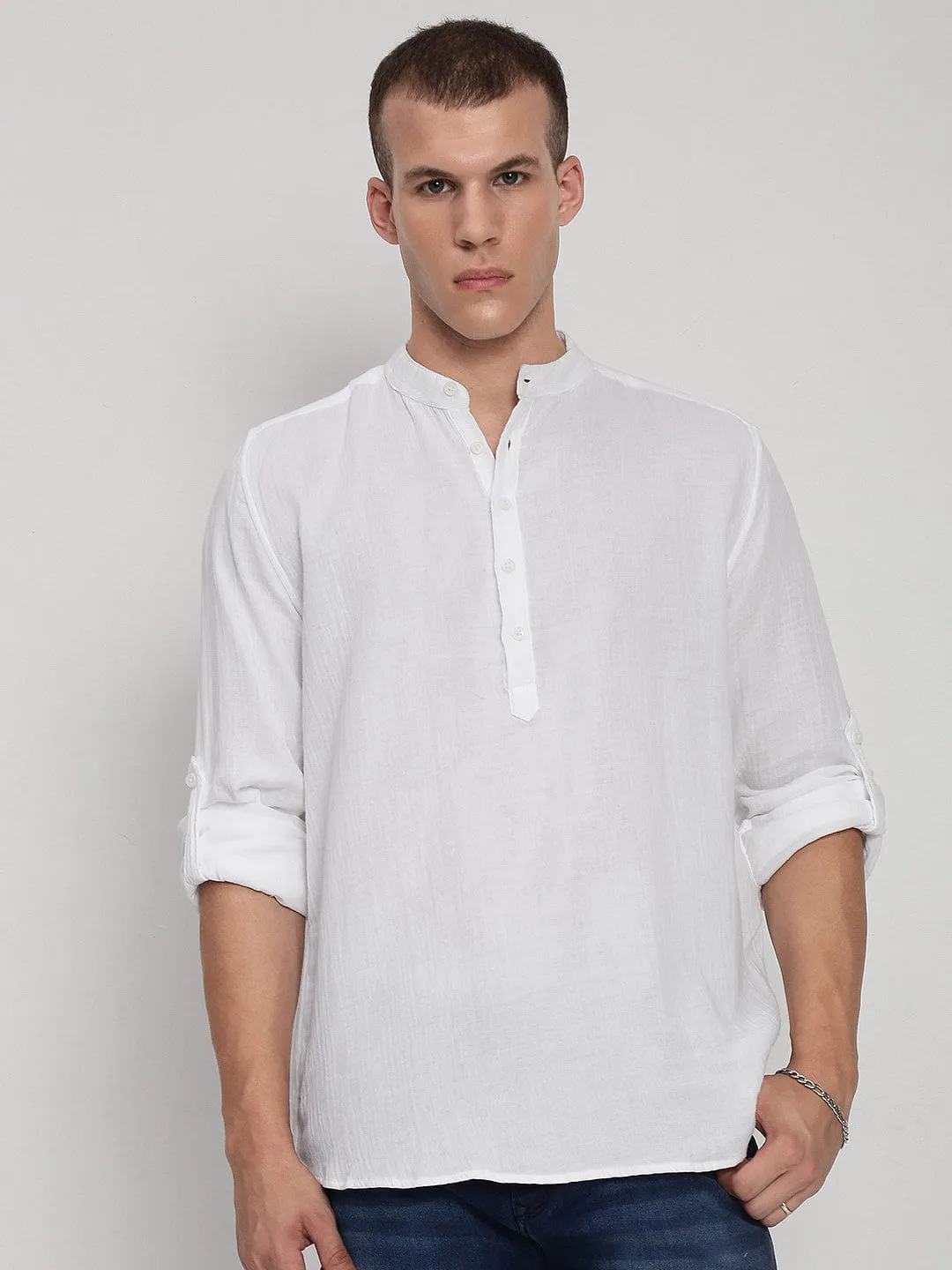Men's White Mandarin Collar Regular Fit Shirt LowProfile Design