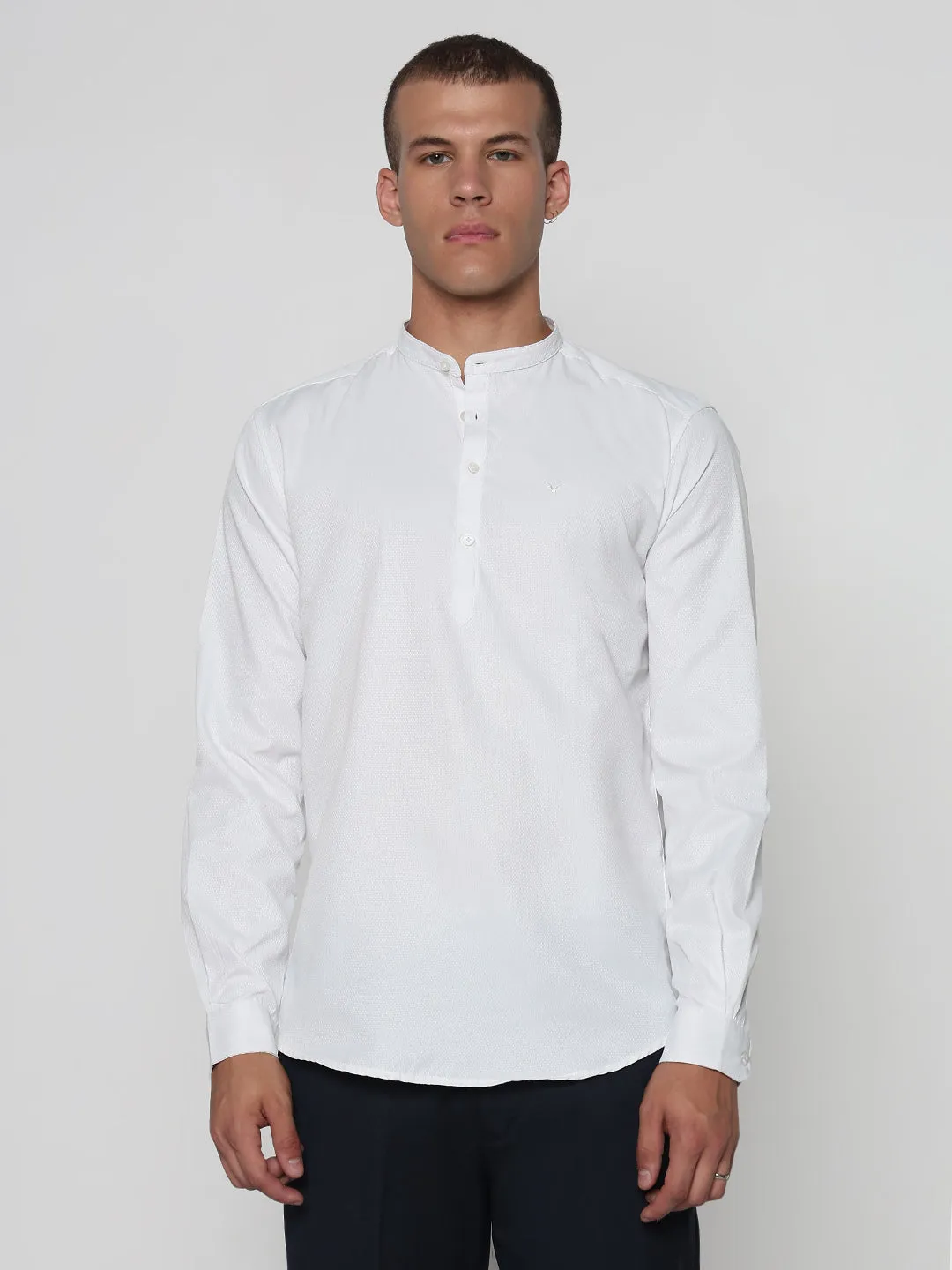 Elegant Tunic SmoothFinish Men's White Mandarin Collar Slim Fit Shirt