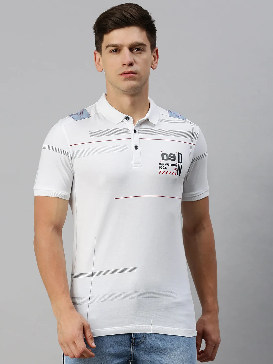 Men's White Printed Casual T-Shirt Core Comfort Semi Formal