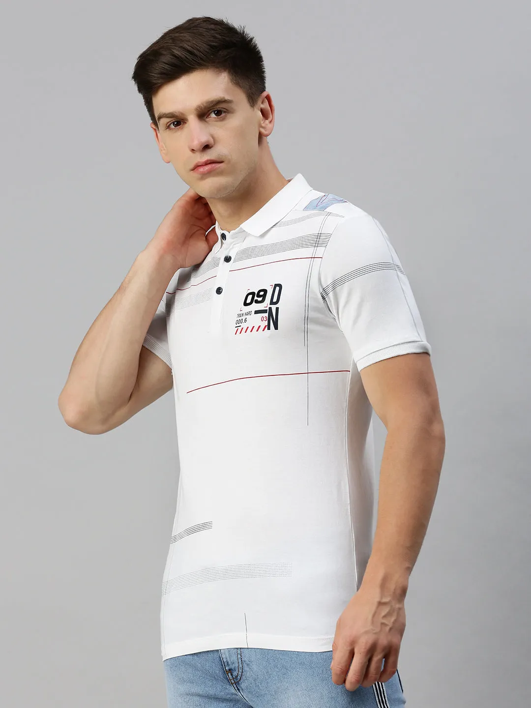 Men's White Printed Casual T-Shirt Sporty Jacket Cozy All Season