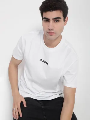Men's White Printed Typography T-Shirt CompressionKnit